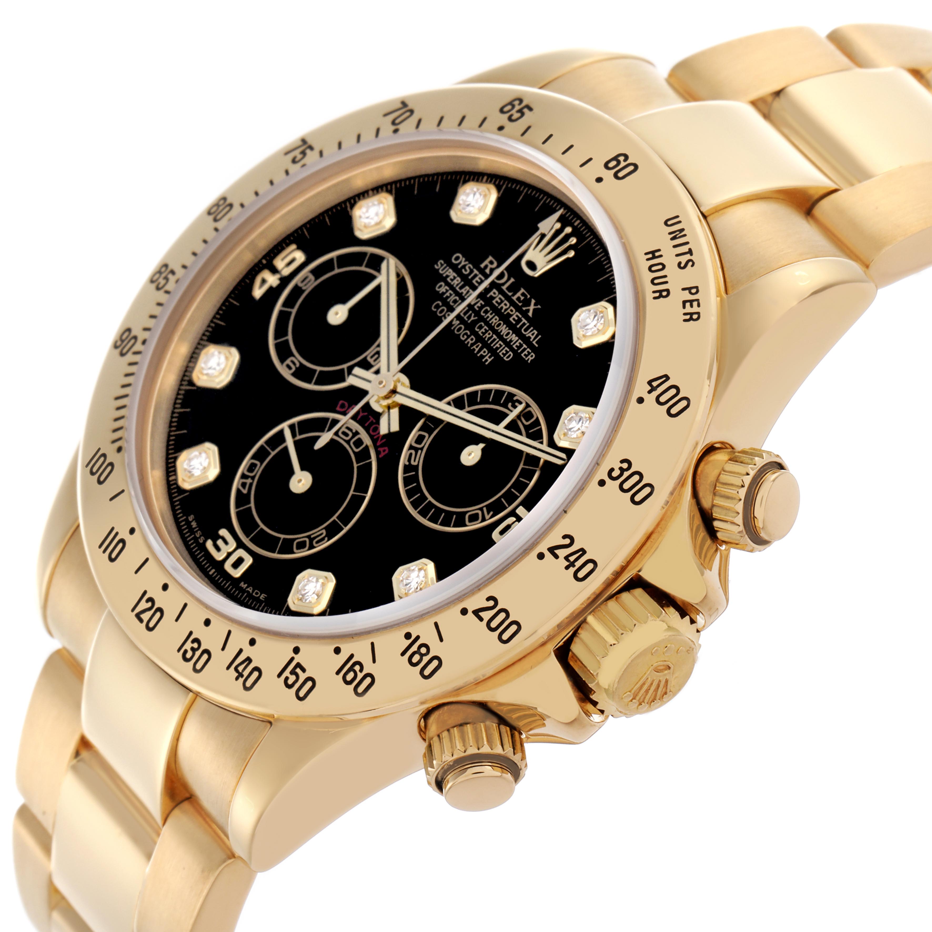 The Rolex Daytona 116528 Men
s Yellow Gold Black Dial 116528 Men
s Yellow Gold Black Dial watch is shown at a slight angled side view, highlighting its bezel, crown, and part of the bracelet.