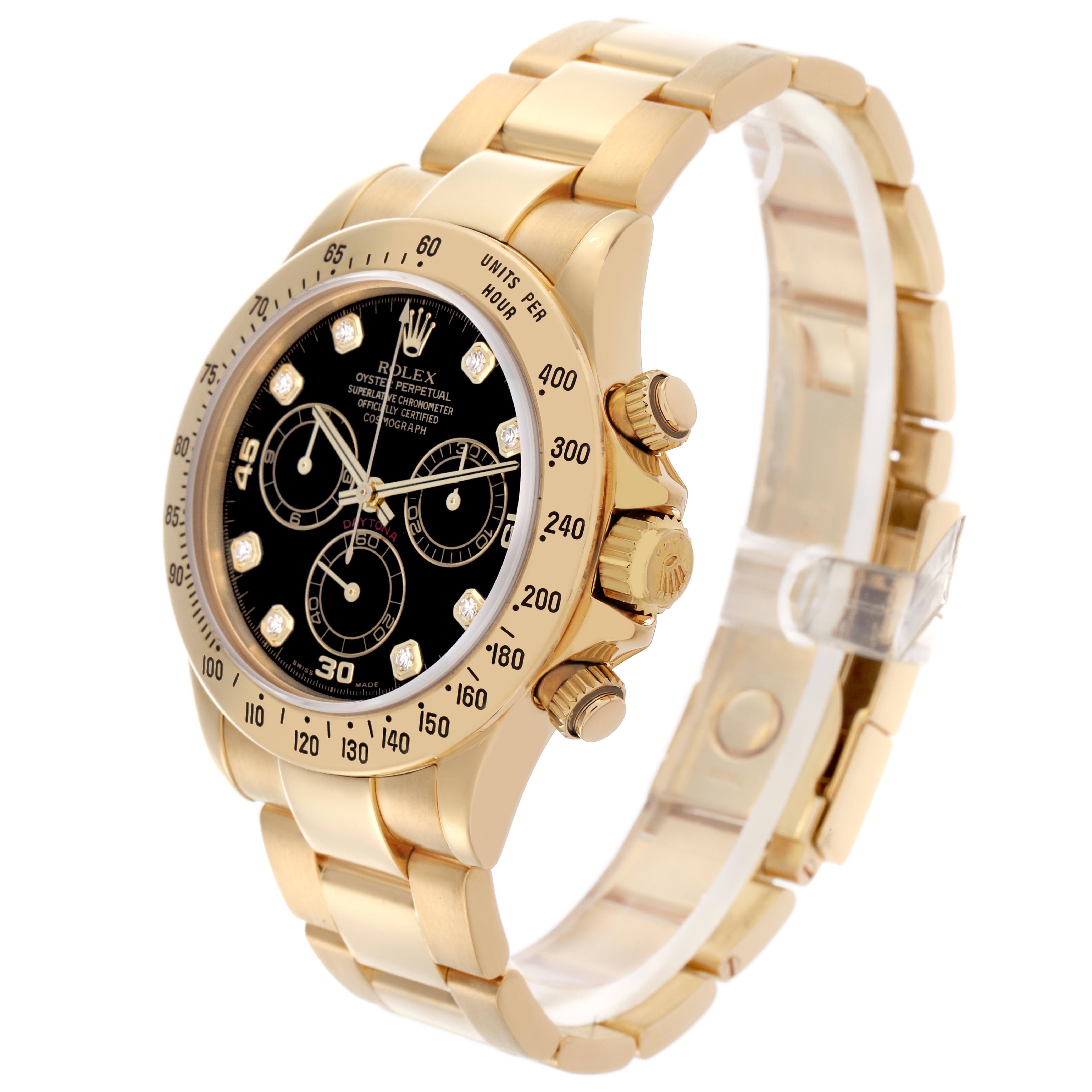 The Rolex Daytona 116528 Men
s Yellow Gold Black Dial 116528 Men
s Yellow Gold Black Dial watch is shown at a three-quarter angle, displaying the face, bezel, crown, and bracelet.