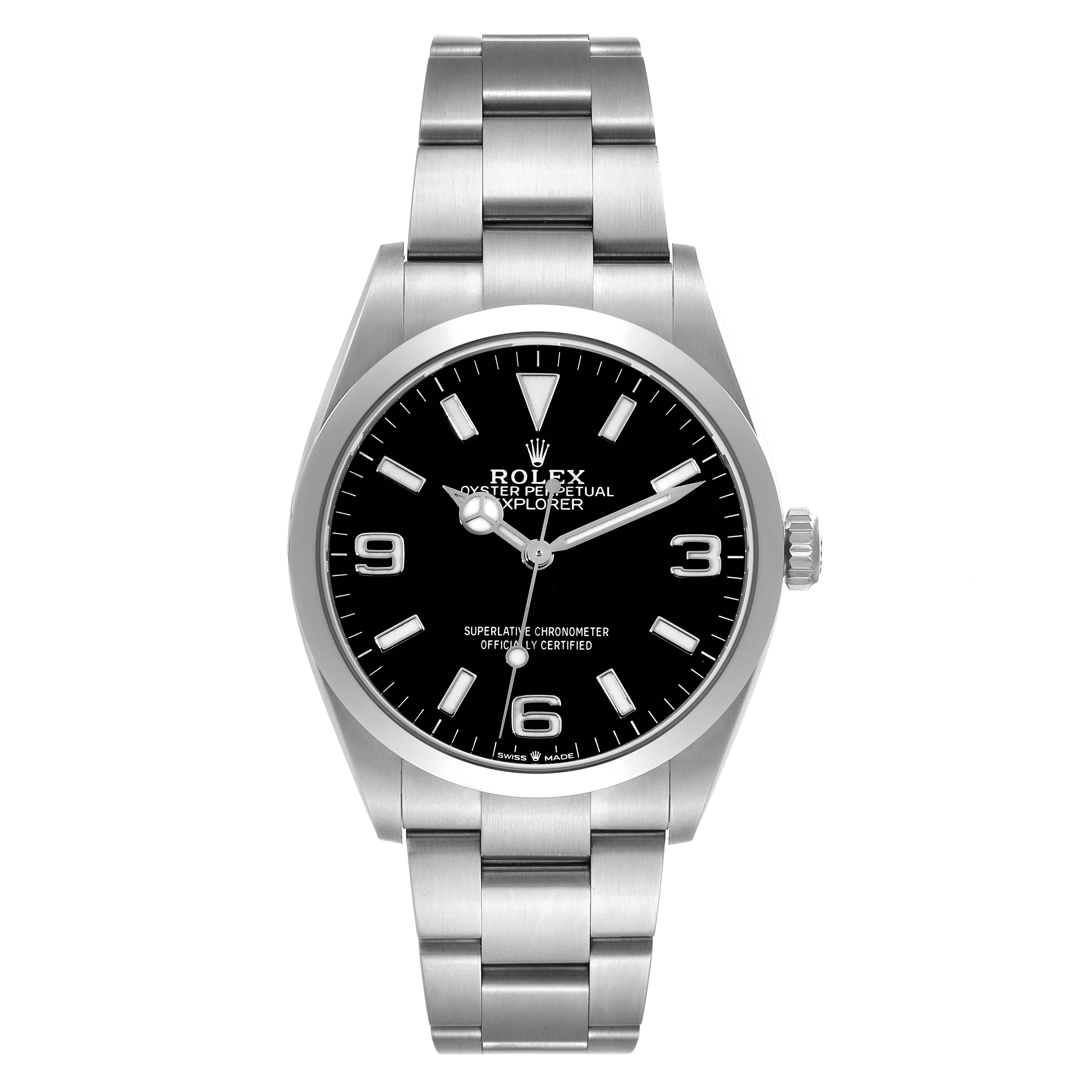 The Rolex Explorer 124270 Men's Stainless Steel Black Dial 124270 Men's Stainless Steel Black Dial is shown from a straight-on angle showcasing its black dial, hour markers, and stainless steel bracelet.