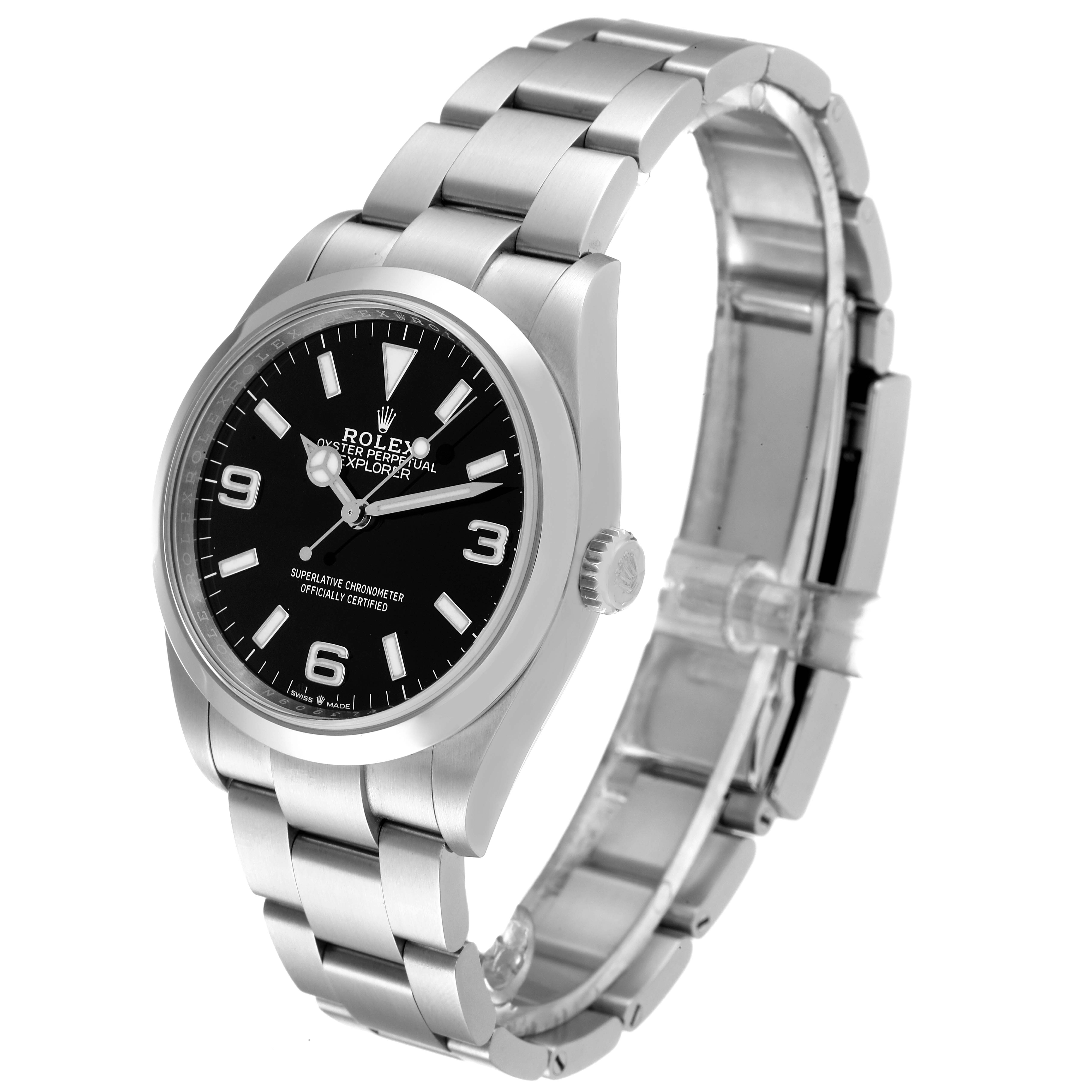 The image shows a side angle of the Rolex Explorer 124270 Men's Stainless Steel Black Dial 124270 Men's Stainless Steel Black Dial model watch, highlighting its face, bezel, and bracelet.