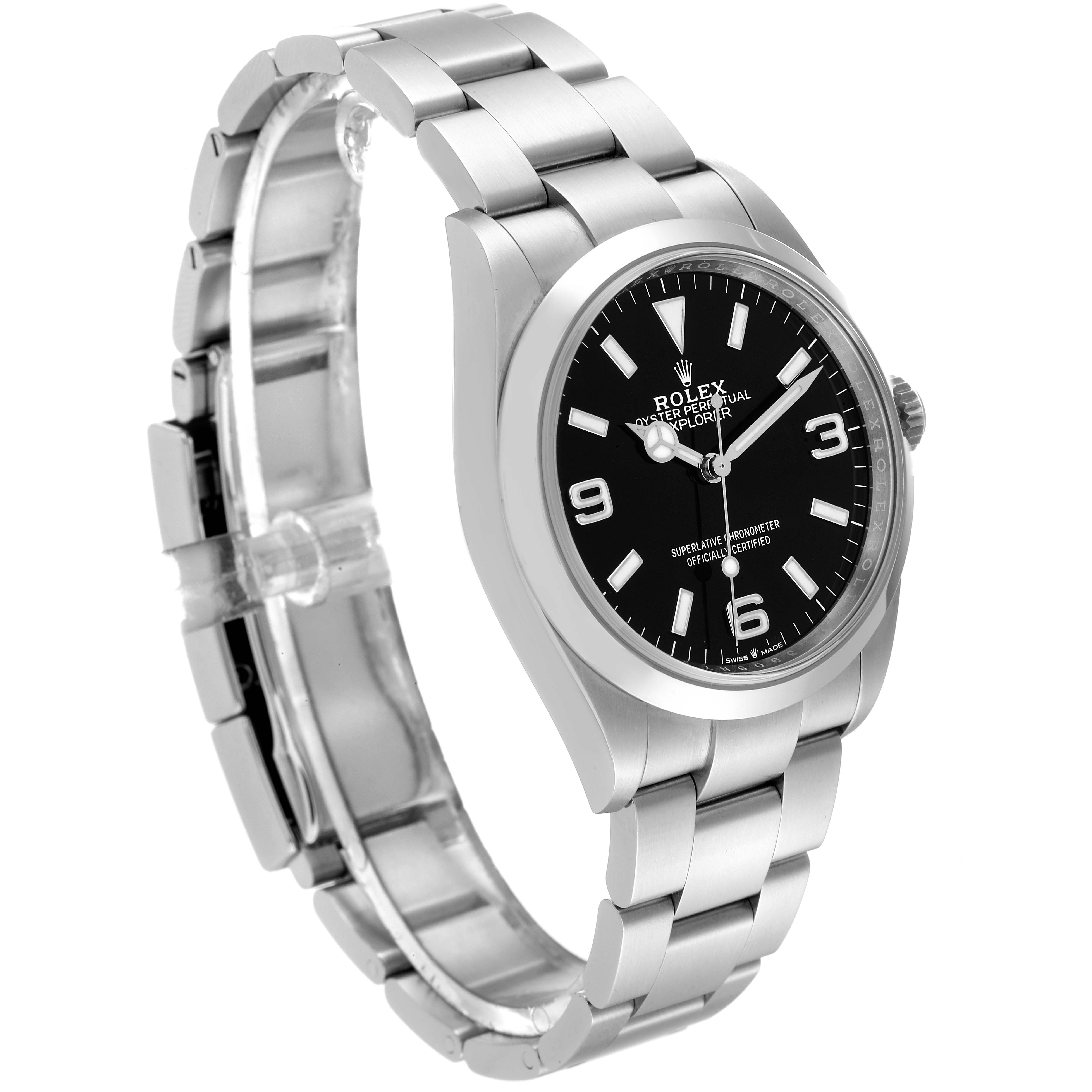 The image shows a side angle of a Rolex Explorer 124270 Men's Stainless Steel Black Dial 124270 Men's Stainless Steel Black Dial watch, highlighting the bracelet, case, and black dial.