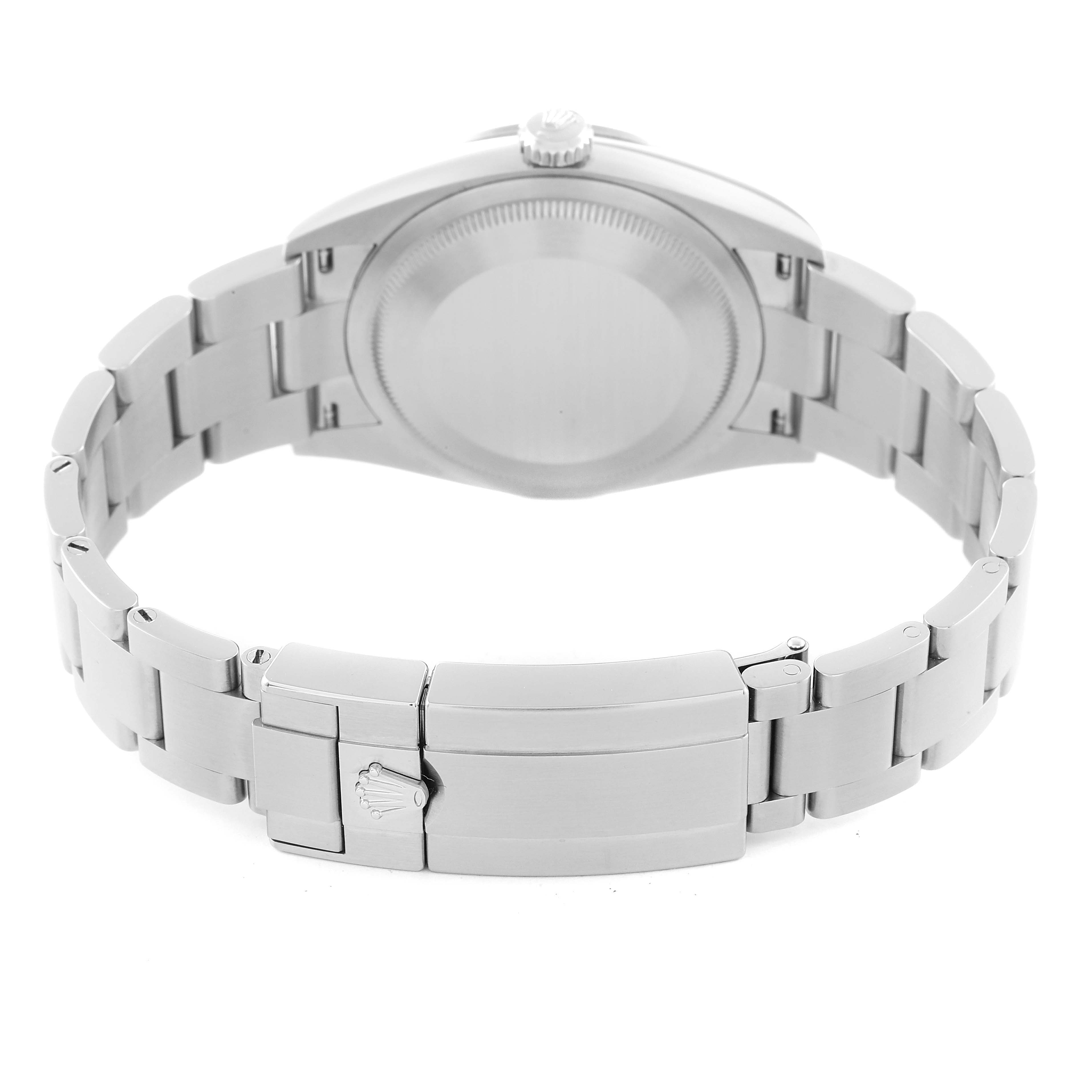 This image shows the back view of a Rolex Explorer 124270 Men's Stainless Steel Black Dial 124270 Men's Stainless Steel Black Dial, including its case back, bracelet, and clasp.