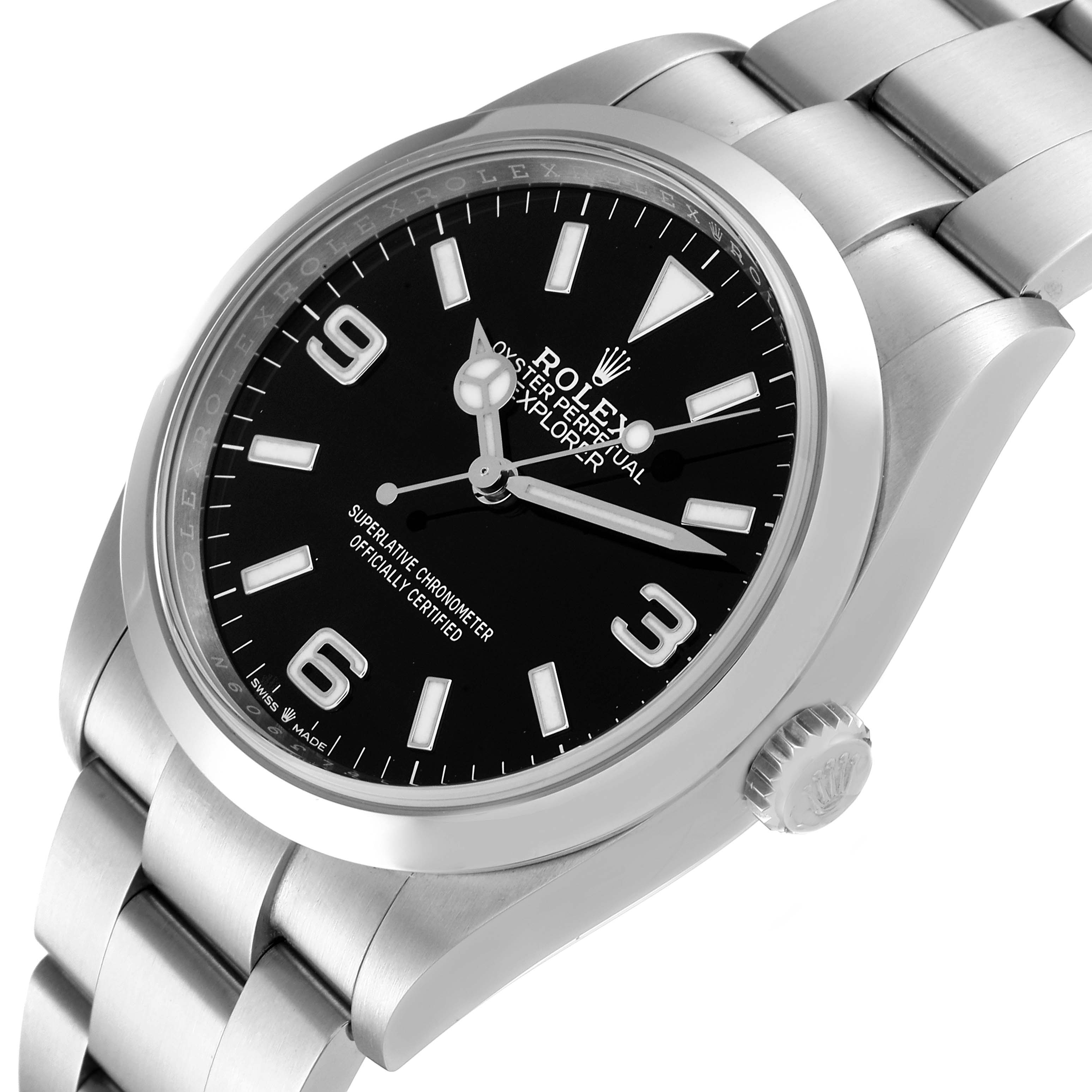 The image shows a Rolex Explorer 124270 Men's Stainless Steel Black Dial 124270 Men's Stainless Steel Black Dial watch at an angled view, highlighting the dial, bezel, crown, and part of the bracelet.