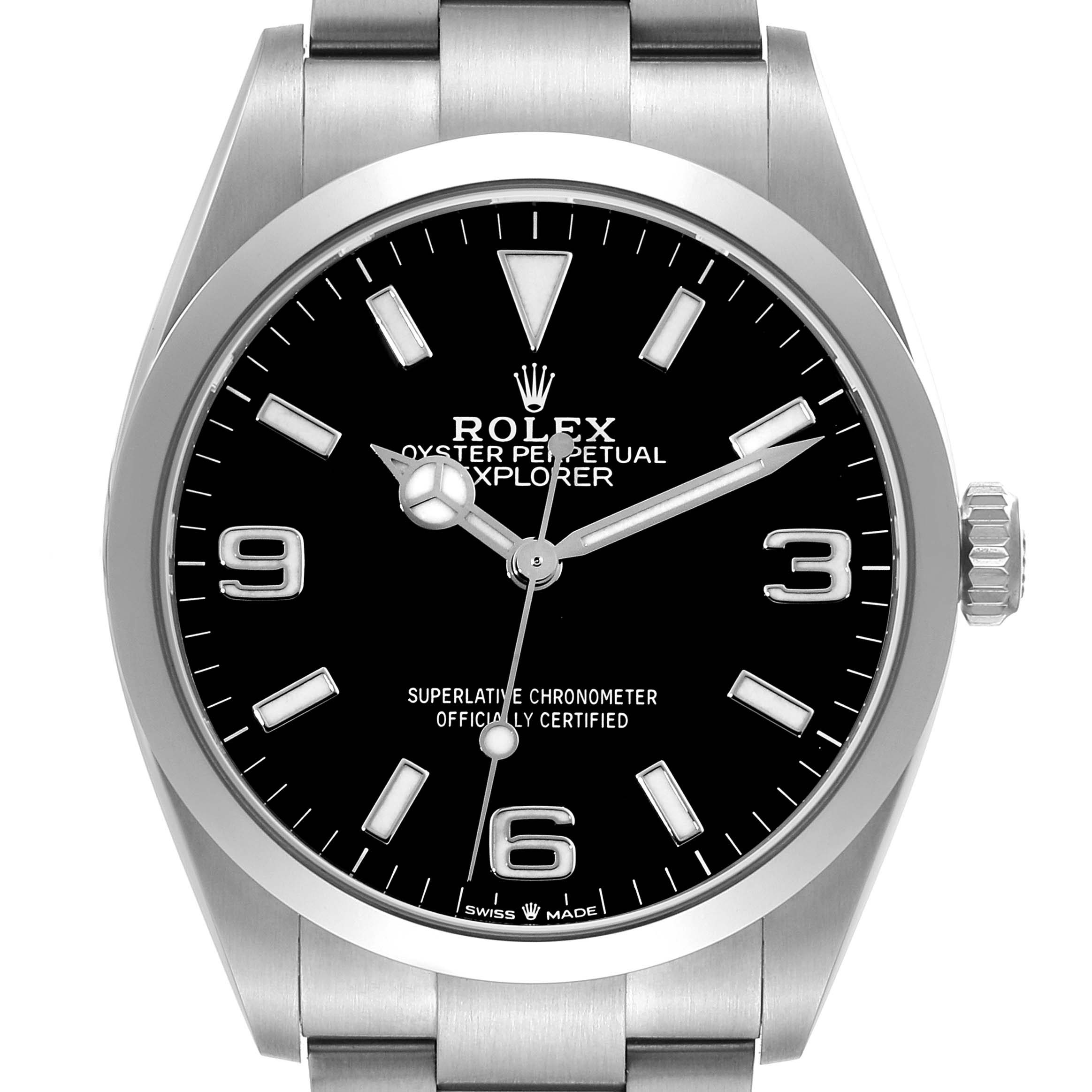 The image shows a front view of the Rolex Explorer 124270 Men's Stainless Steel Black Dial 124270 Men's Stainless Steel Black Dial watch, highlighting the face, bezel, and part of the band.