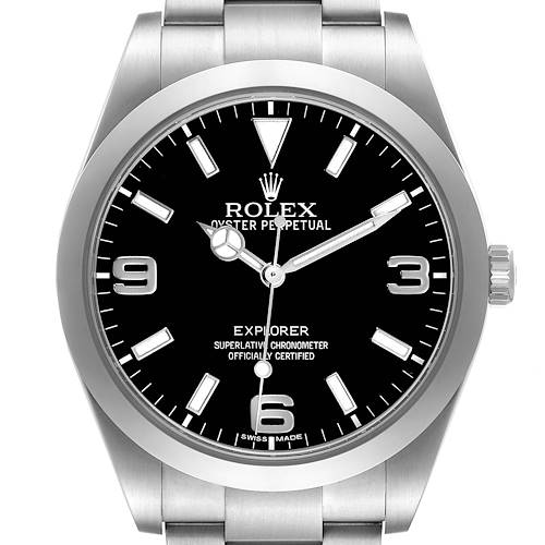 The Rolex Explorer 214270 Men's Stainless Steel Black Dial watch is shown from a front angle, highlighting its black dial and stainless steel bracelet.