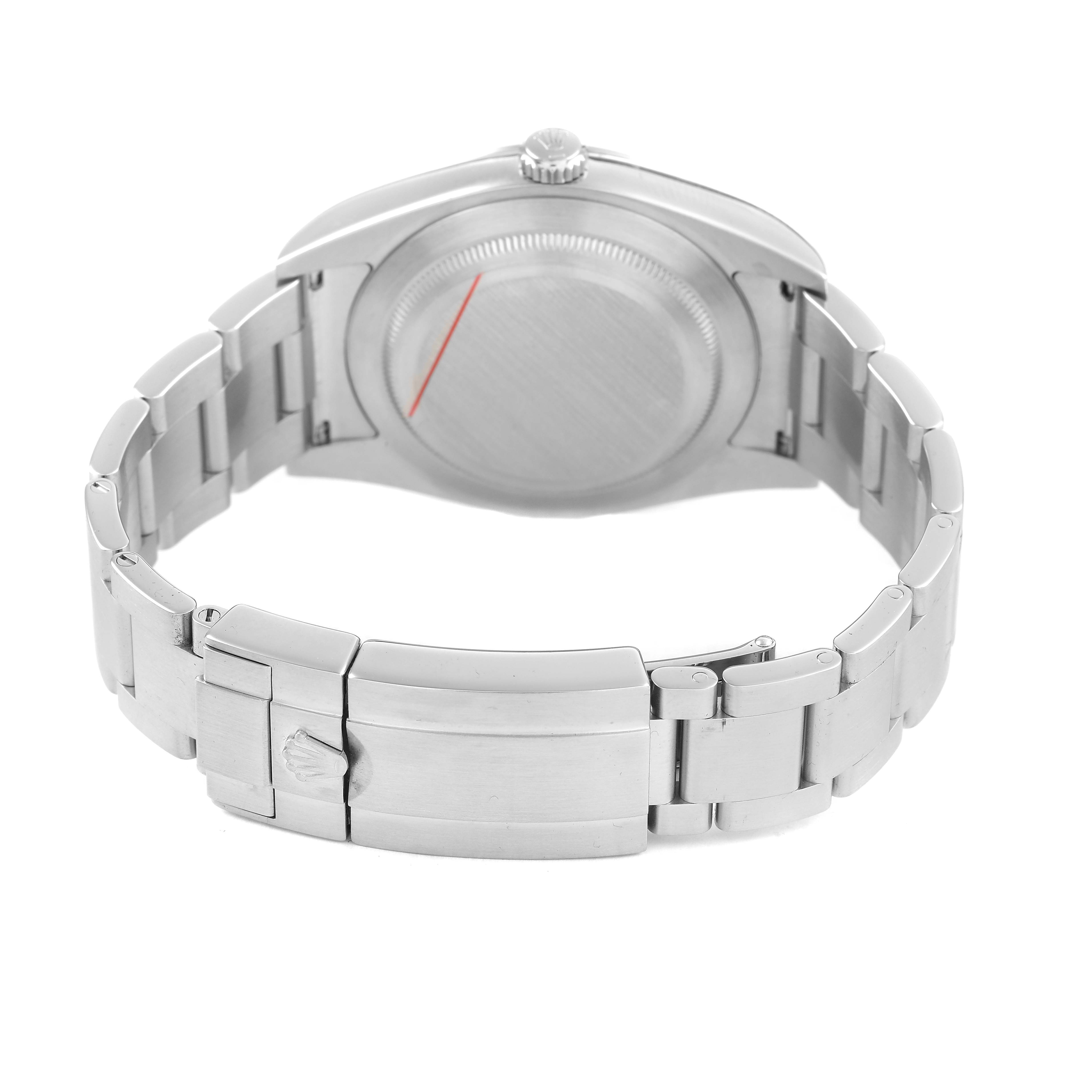 The image shows the back case and clasp of a Rolex Explorer 214270 Men's Stainless Steel Black Dial watch from a rear angle.
