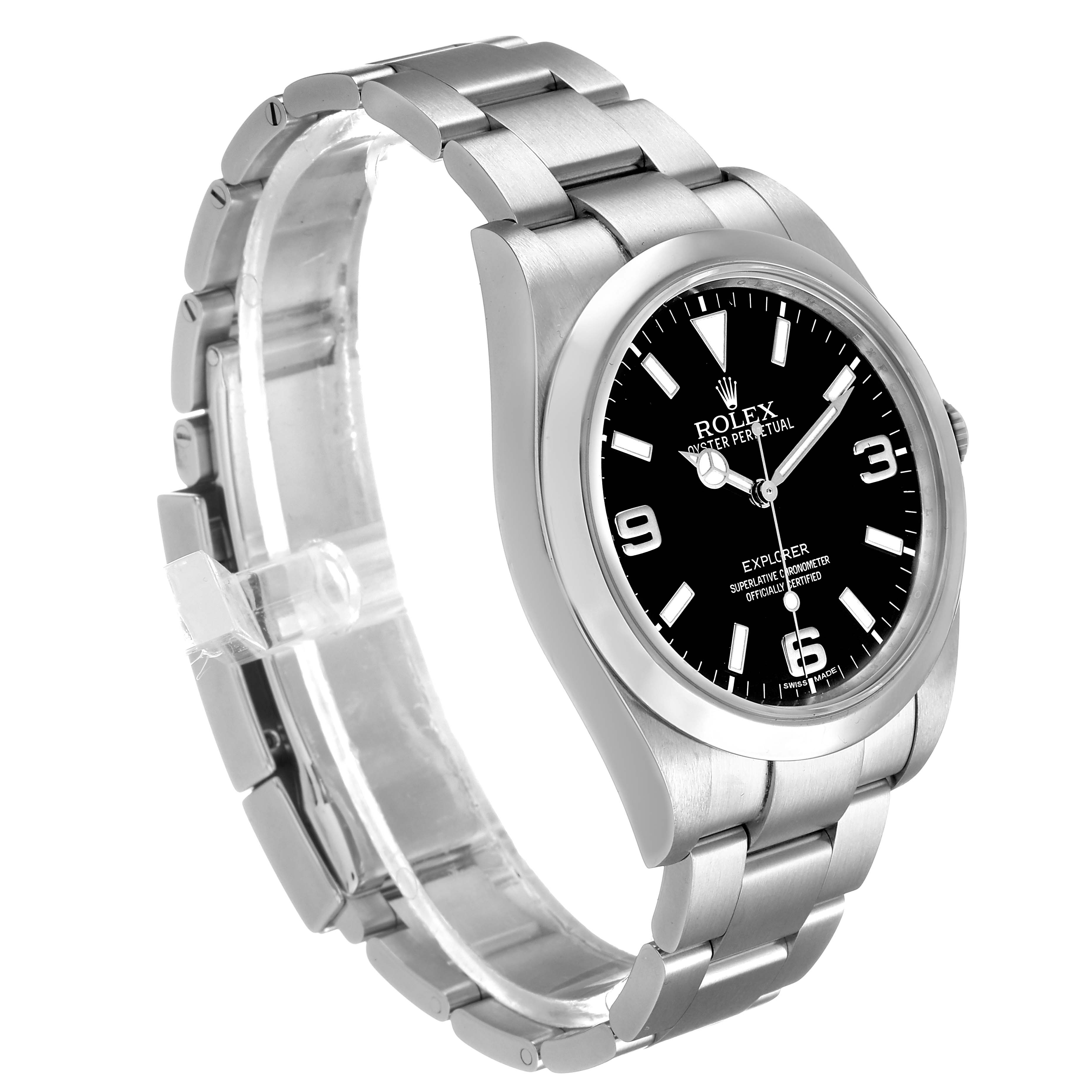 The Rolex Explorer 214270 Men's Stainless Steel Black Dial watch is shown at a three-quarter angle, highlighting the dial, bezel, case, and bracelet.