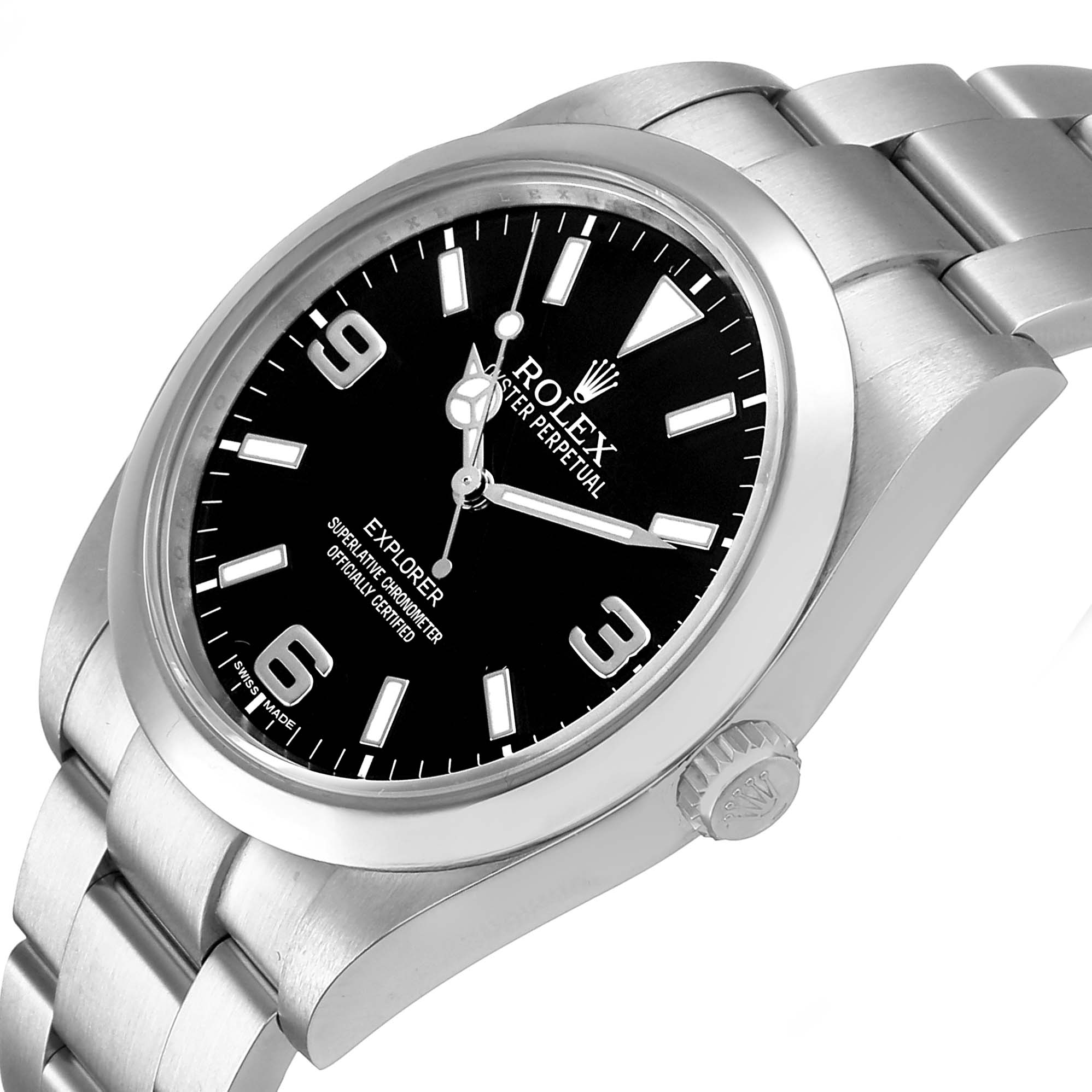 The Rolex Explorer 214270 Men's Stainless Steel Black Dial watch is shown at an angled view highlighting the dial, crown, and part of the stainless steel bracelet.