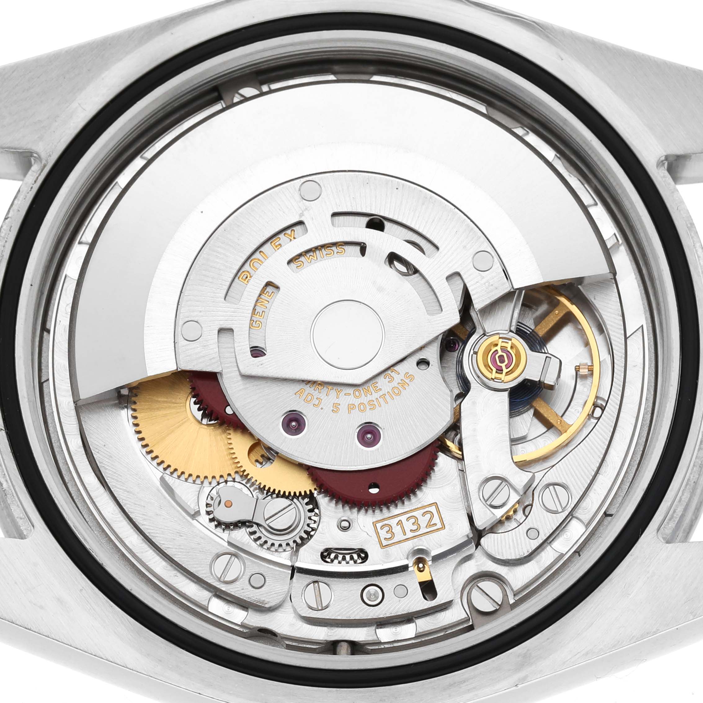 This image shows the movement parts of a Rolex Explorer 214270 Men's Stainless Steel Black Dial watch from a back angle.
