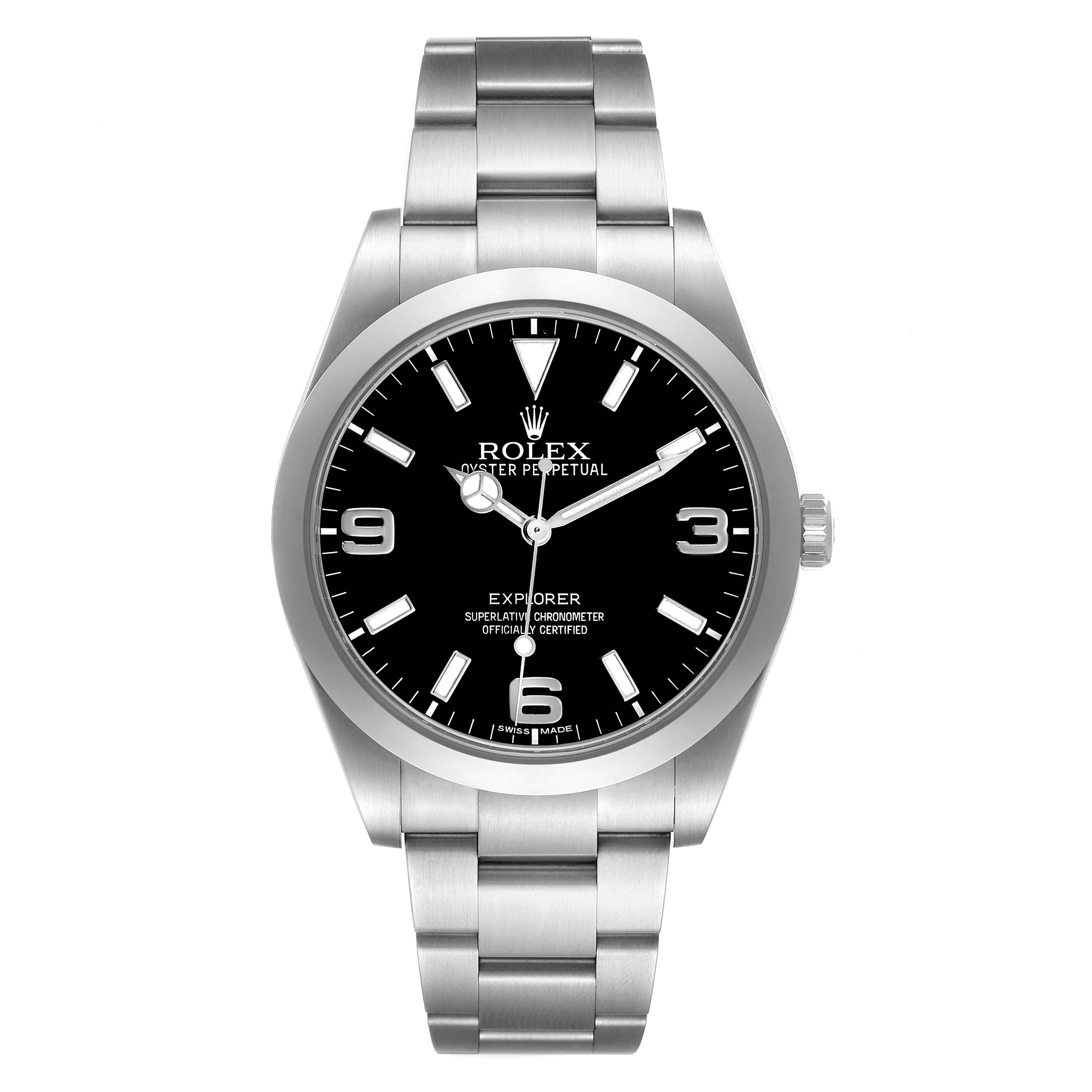 The Rolex Explorer 214270 Men's Stainless Steel Black Dial watch is shown front-on, displaying its black dial, stainless steel bezel, and bracelet.