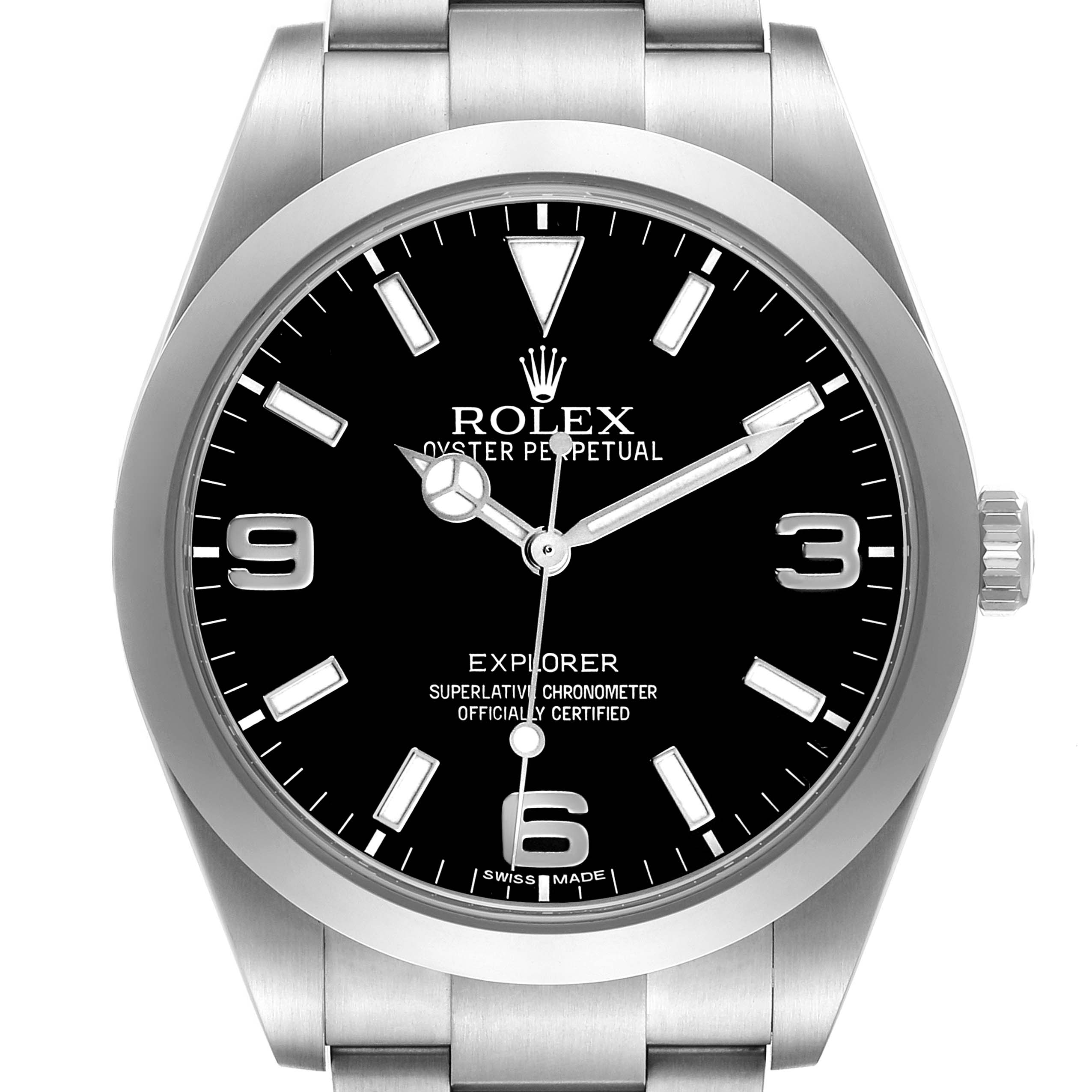 The Rolex Explorer 214270 Men's Stainless Steel Black Dial model is shown from a front angle, displaying the dial, bezel, and part of the bracelet.