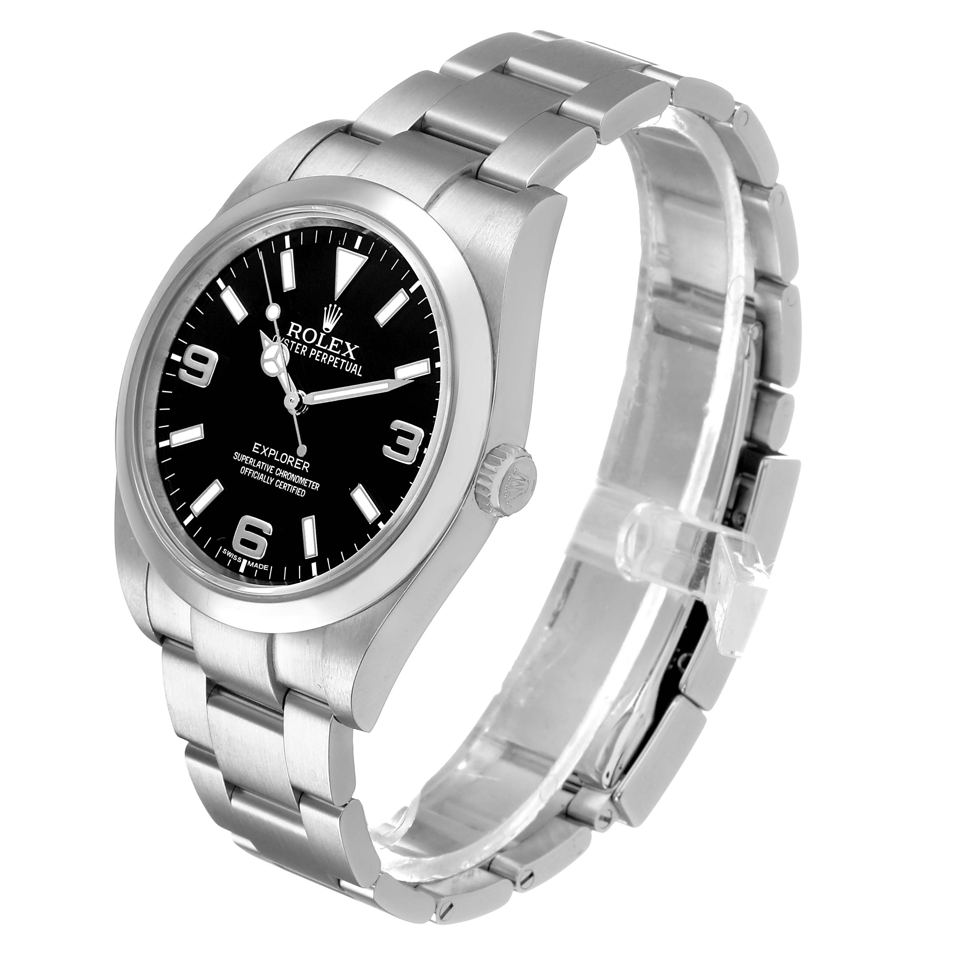 The Rolex Explorer 214270 Men's Stainless Steel Black Dial watch is shown at an angle highlighting the face, bezel, bracelet, and crown.