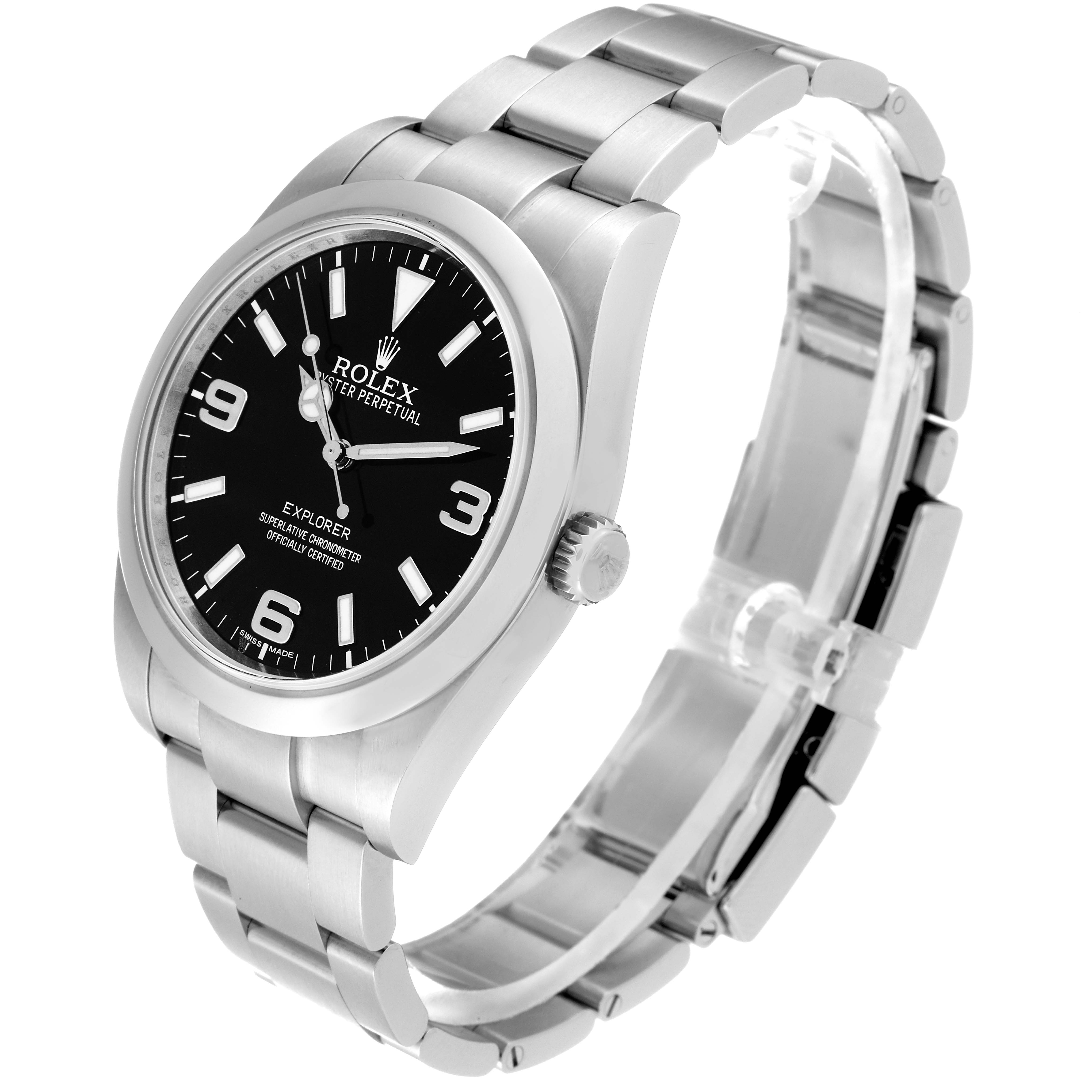 The Rolex Explorer 214270 Men
s Stainless Steel Black Dial 214270 Men
s Stainless Steel Black Dial watch is shown at an angle highlighting the face, bezel, crown, and stainless steel bracelet.