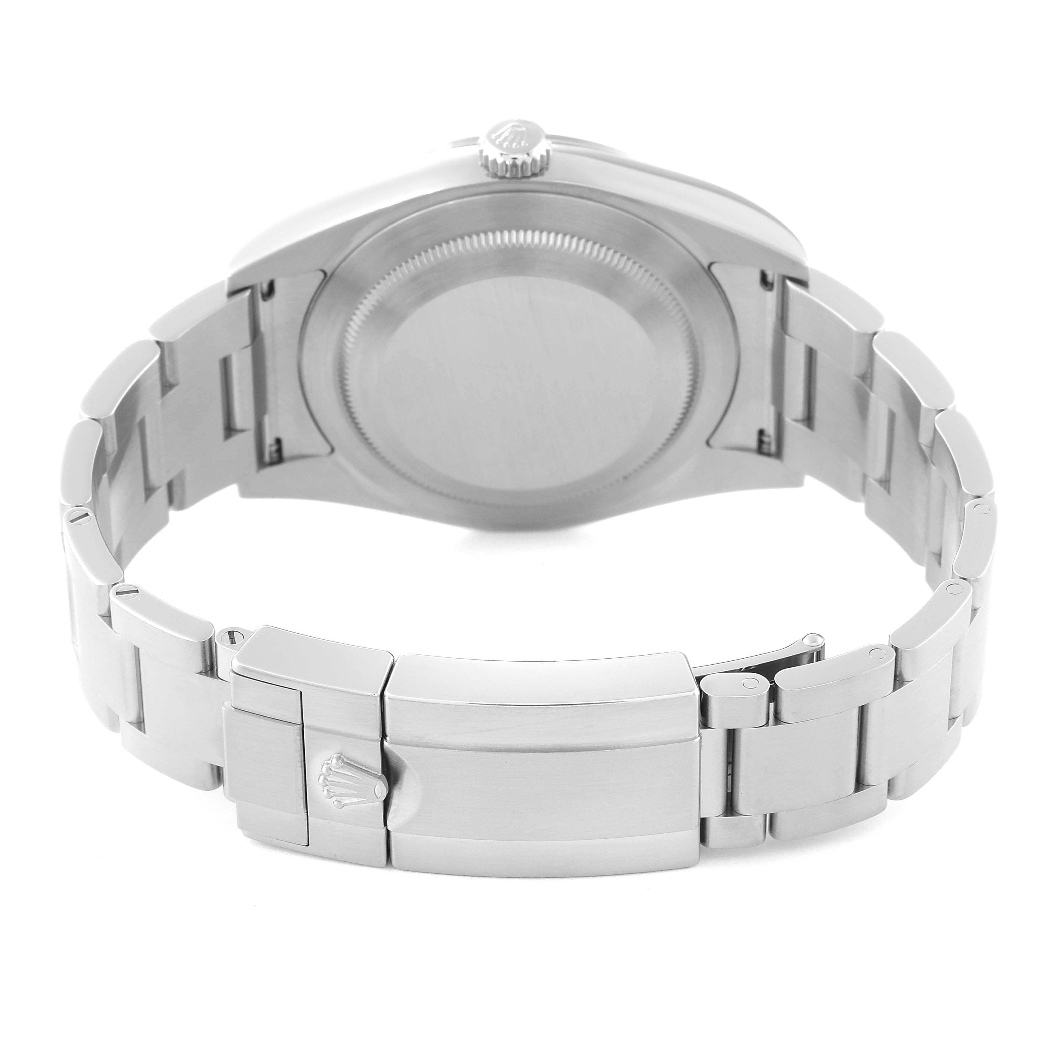 The image shows the backside and bracelet of the Rolex Explorer 214270 Men
s Stainless Steel Black Dial 214270 Men
s Stainless Steel Black Dial watch, highlighting the clasp and case back.