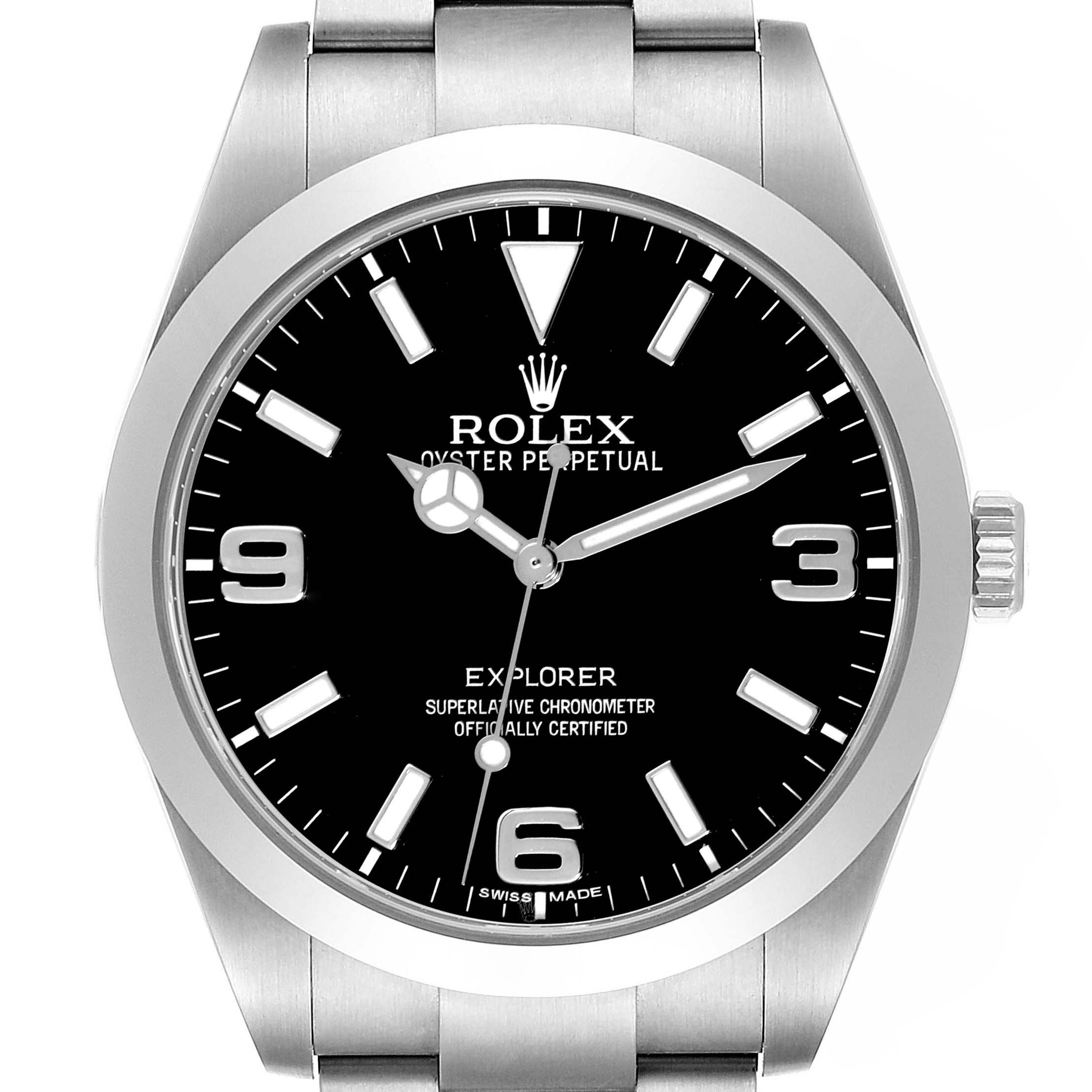This image shows a frontal view of the Rolex Explorer 214270 Men
s Stainless Steel Black Dial 214270 Men
s Stainless Steel Black Dial watch, highlighting its black dial, hour markers, and stainless steel case and bracelet.