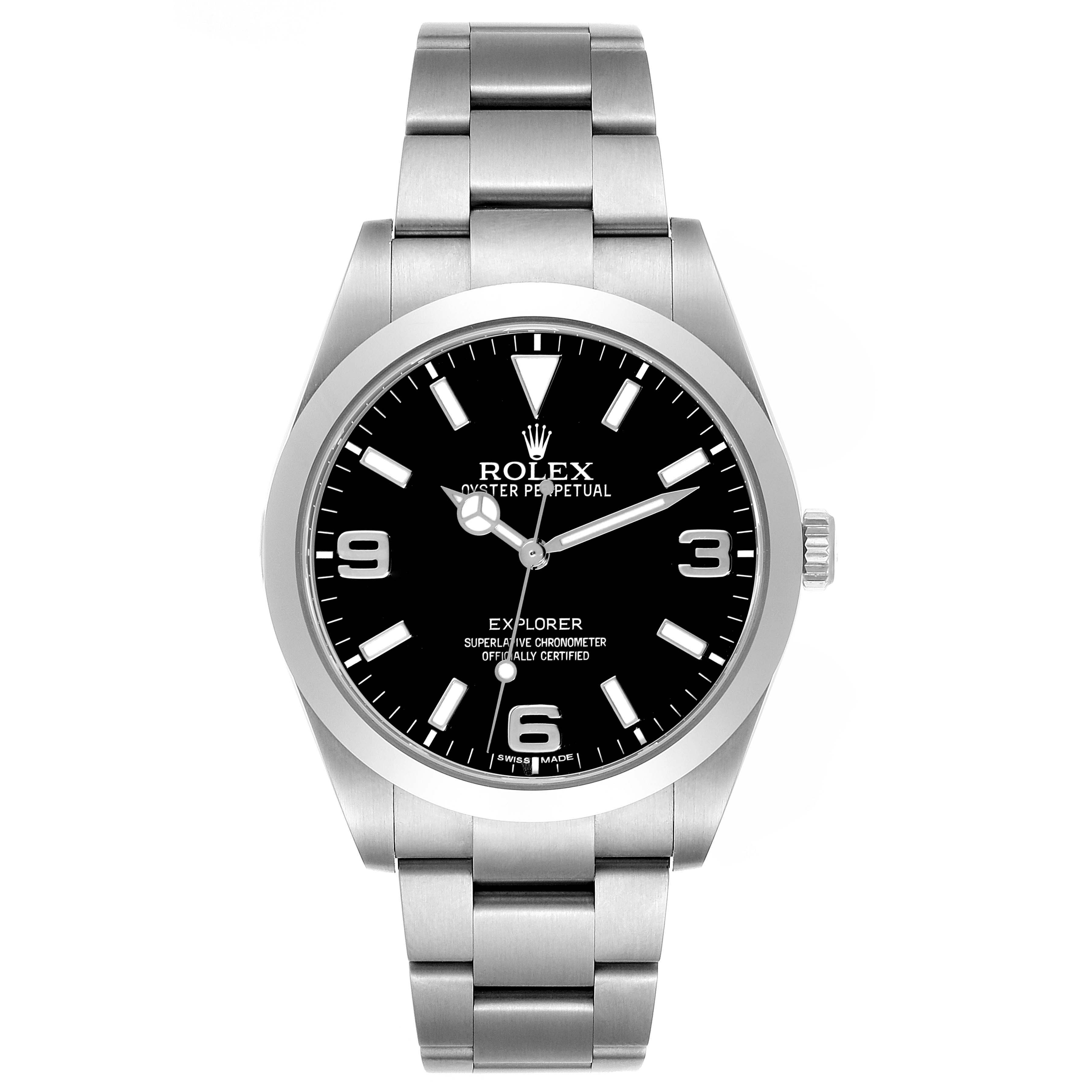 The Rolex Explorer 214270 Men
s Stainless Steel Black Dial 214270 Men
s Stainless Steel Black Dial watch is shown from a straight-on angle, featuring its black dial, bezel, and stainless steel bracelet.