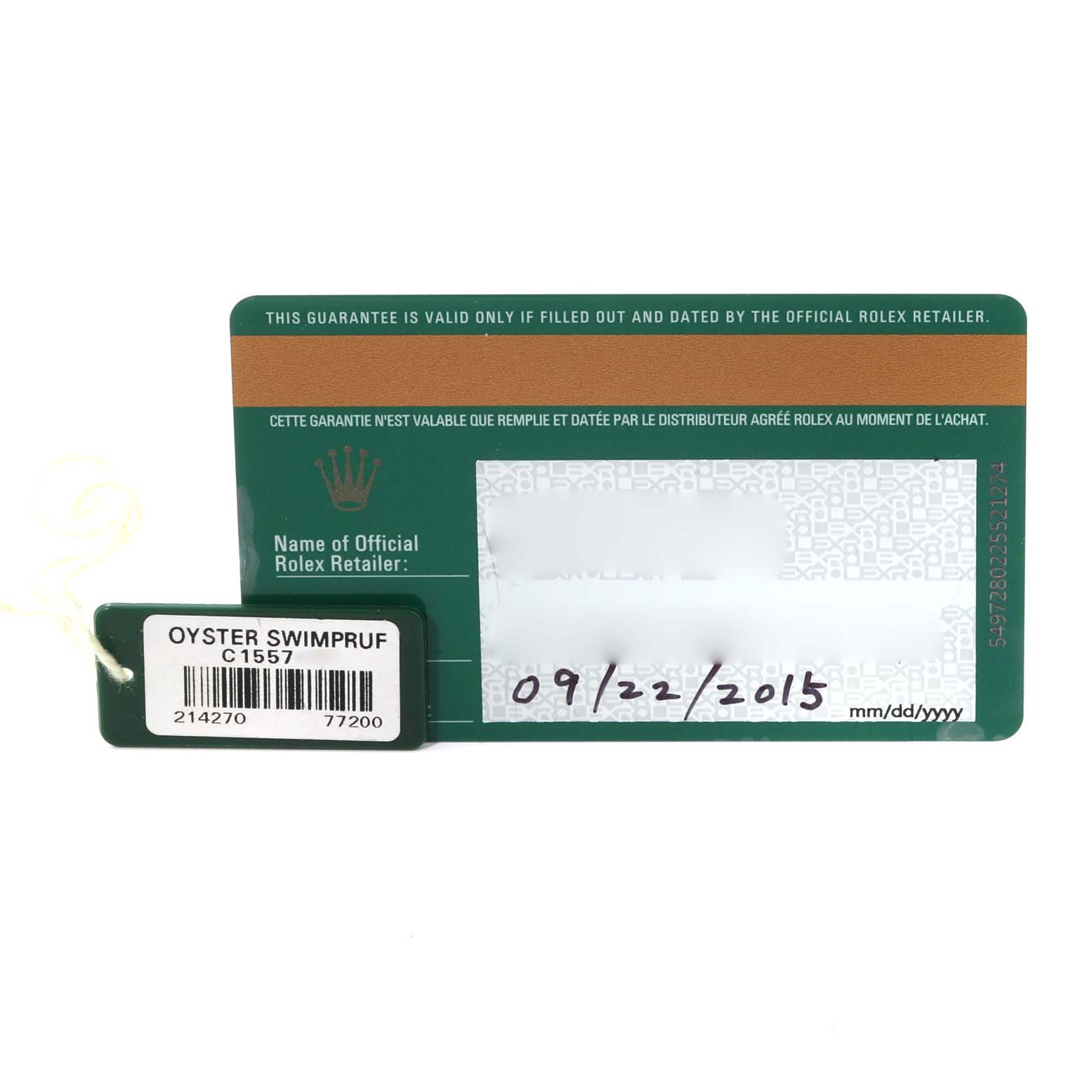 The image shows the guarantee card and oyster swimpruf tag for a Rolex Explorer 214270 Men
s Stainless Steel Black Dial 214270 Men
s Stainless Steel Black Dial watch.