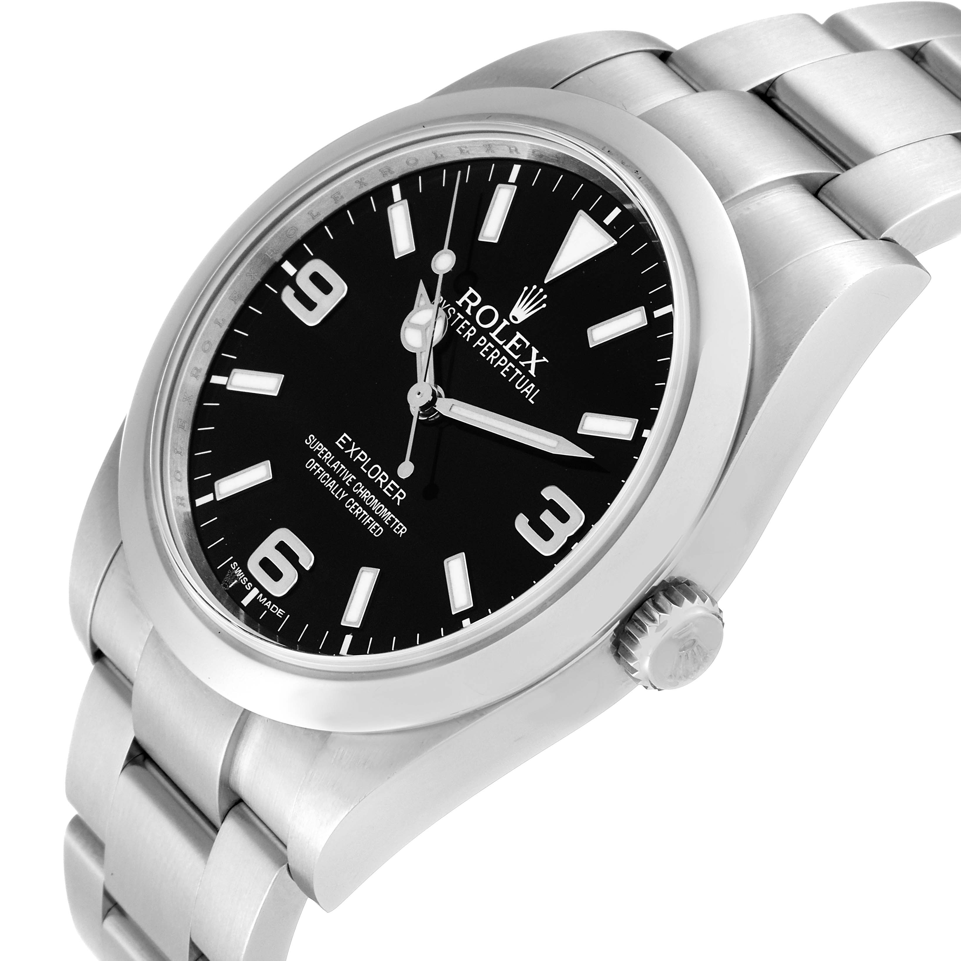 The image shows a Rolex Explorer 214270 Men
s Stainless Steel Black Dial 214270 Men
s Stainless Steel Black Dial watch at a slight angle, highlighting the face, bezel, and part of the bracelet.