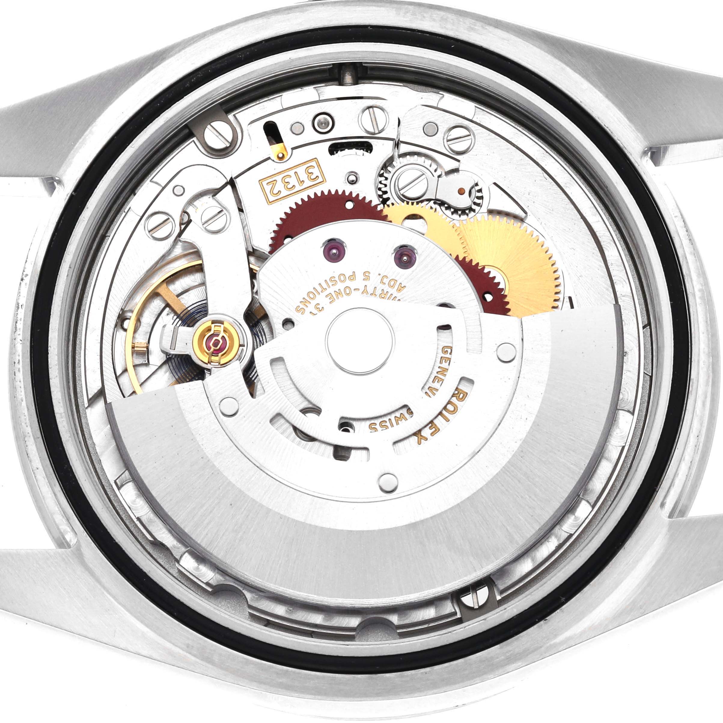 The image shows the exposed movement of a Rolex Explorer 214270 Men
s Stainless Steel Black Dial 214270 Men
s Stainless Steel Black Dial watch from a top-down angle.