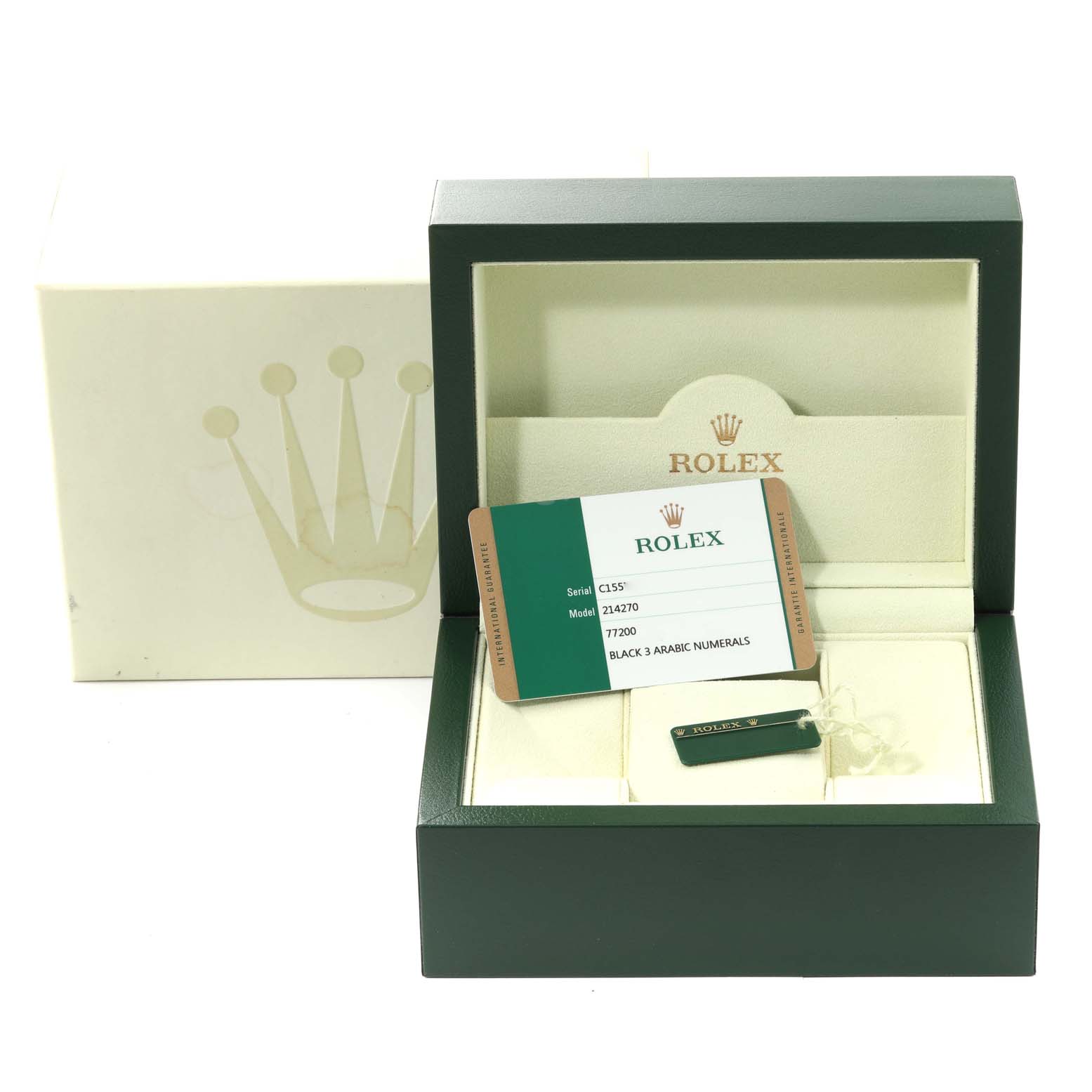 The Rolex Explorer 214270 Men
s Stainless Steel Black Dial 214270 Men
s Stainless Steel Black Dial watch accessories include an open watch box, a warranty card, and a tag.