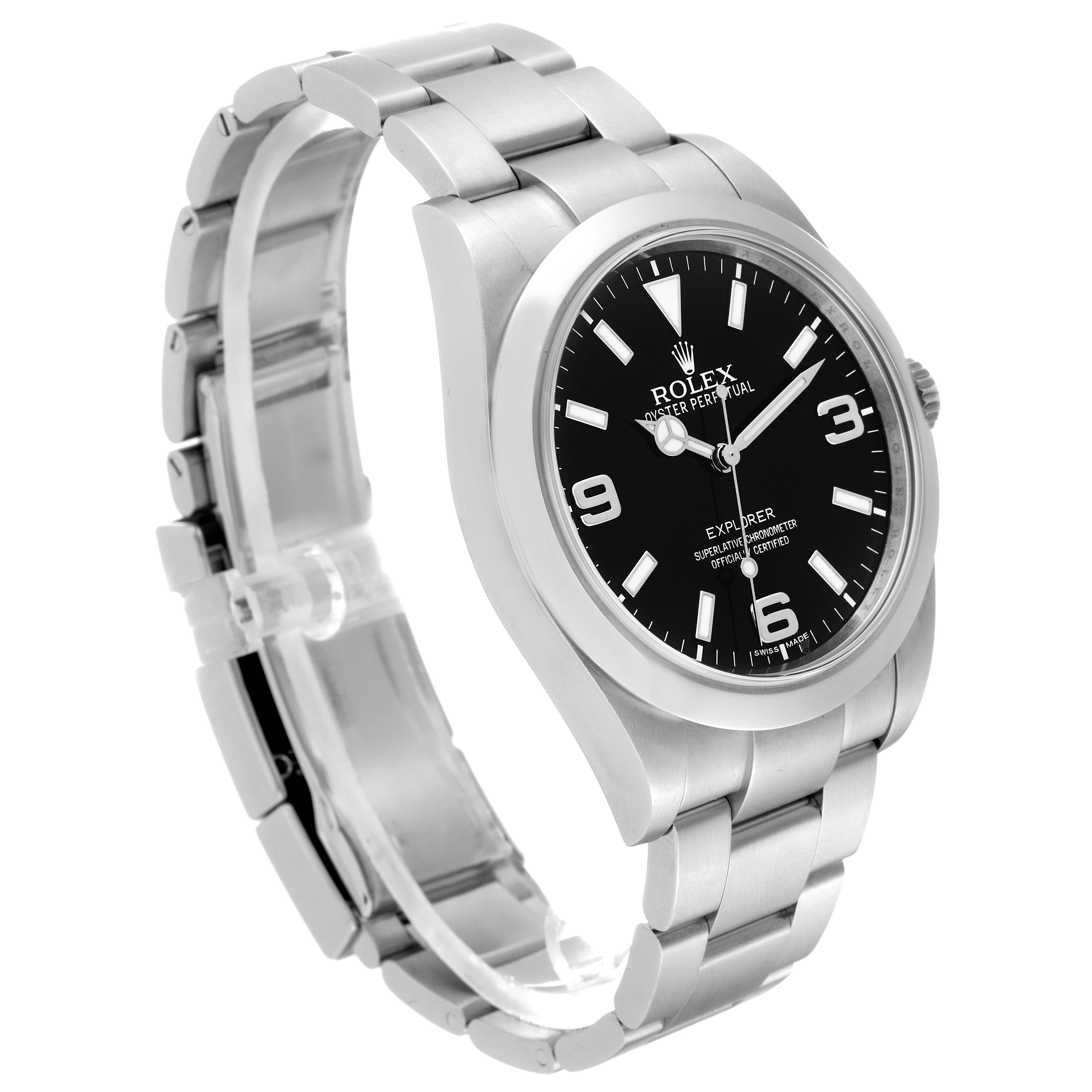 The image displays a side angle of the Rolex Explorer 214270 Men
s Stainless Steel Black Dial 214270 Men
s Stainless Steel Black Dial watch, highlighting its black dial, stainless steel case, and bracelet.
