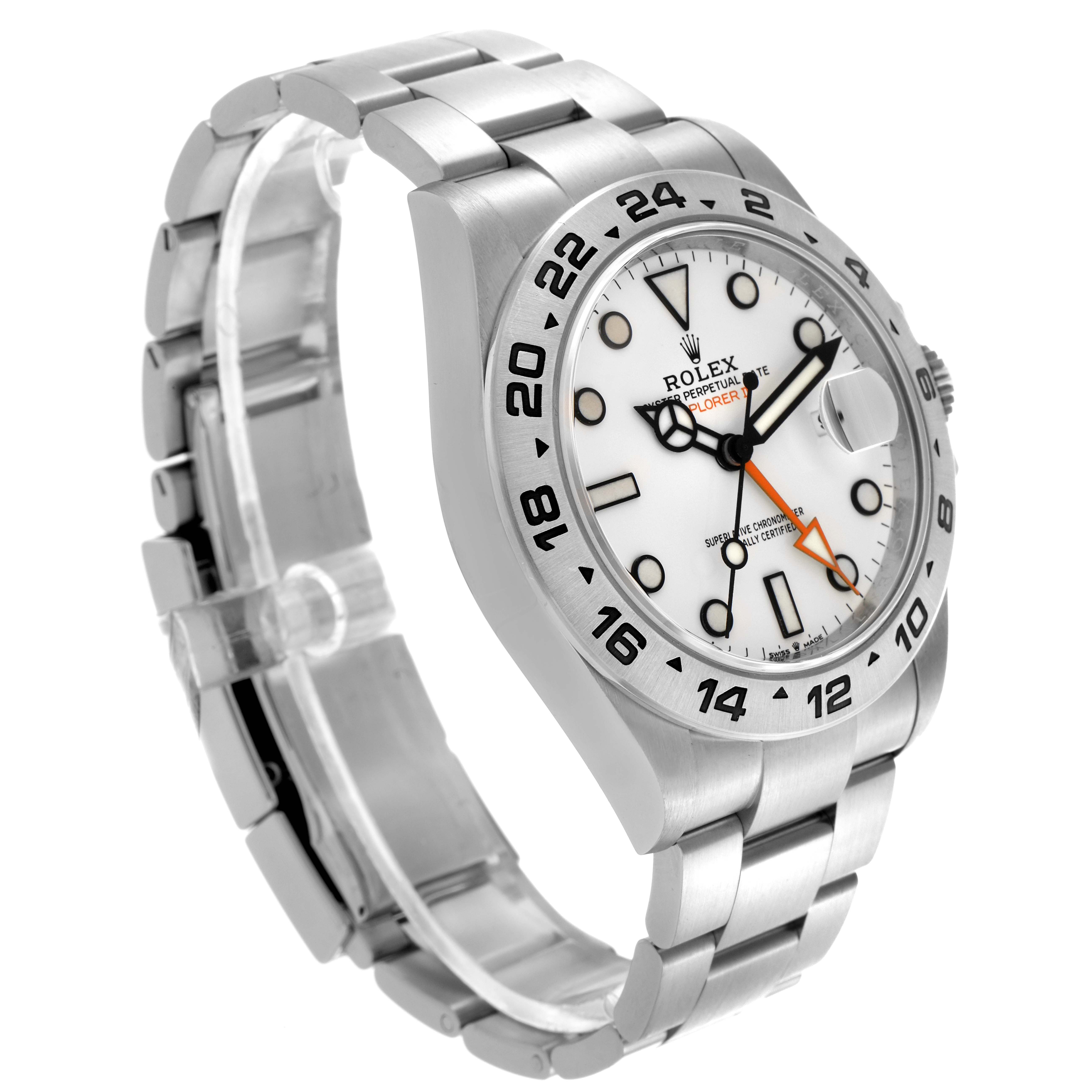 The Rolex Explorer 226570 Men
s Stainless Steel White Dial 226570 Men
s Stainless Steel White Dial watch is shown at a three-quarter angle, highlighting the face, bezel, bracelet, and crown.