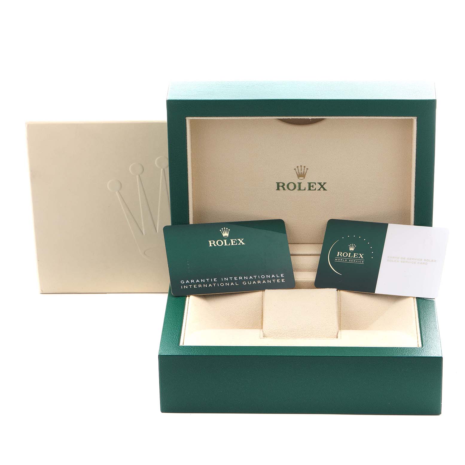 The image shows a Rolex Explorer 226570 Men
s Stainless Steel White Dial 226570 Men
s Stainless Steel White Dial watch box and guarantee cards, angled to display the interior logo and compartments.