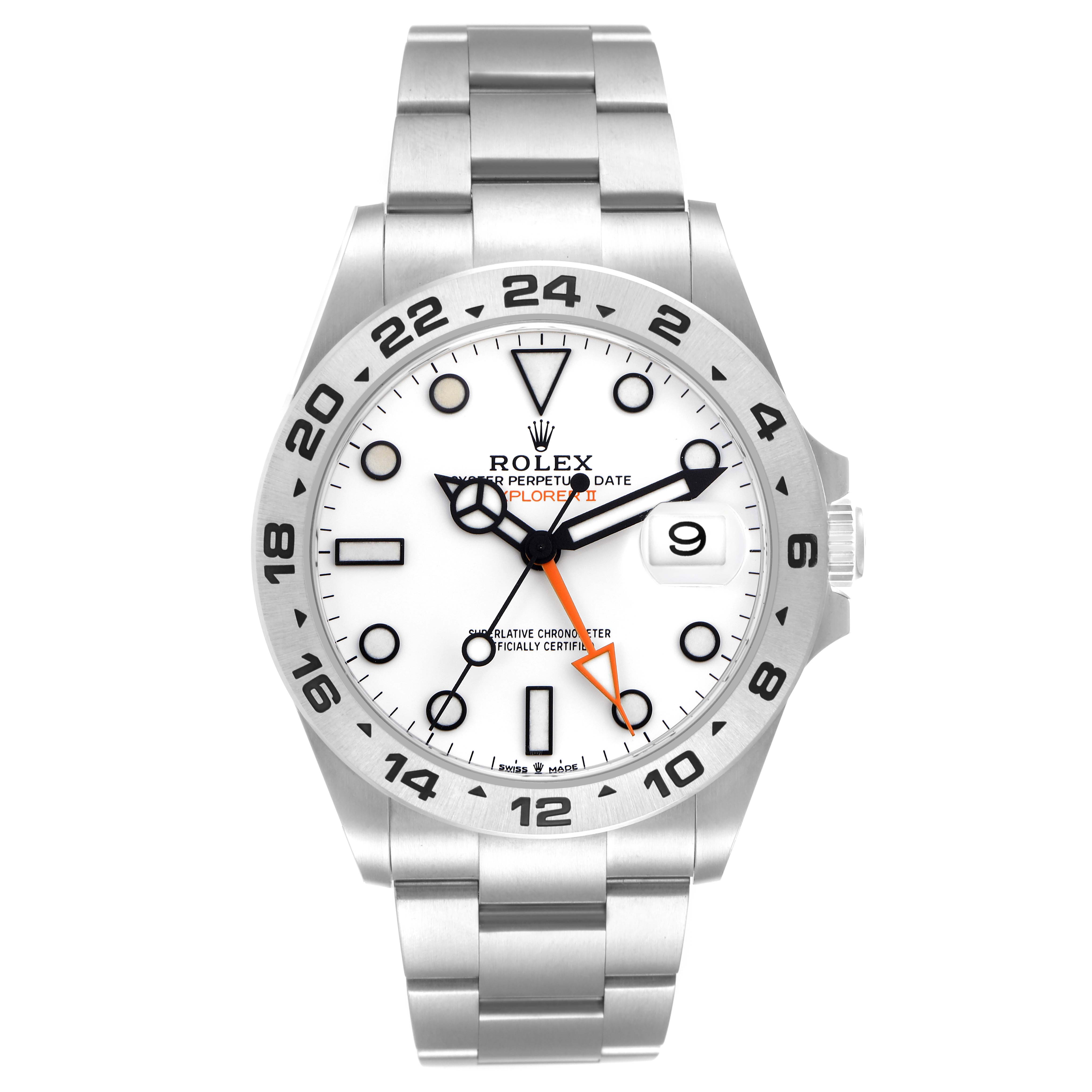 The Rolex Explorer 226570 Men
s Stainless Steel White Dial 226570 Men
s Stainless Steel White Dial model watch is shown from a front angle, displaying its face, bezel, and bracelet.