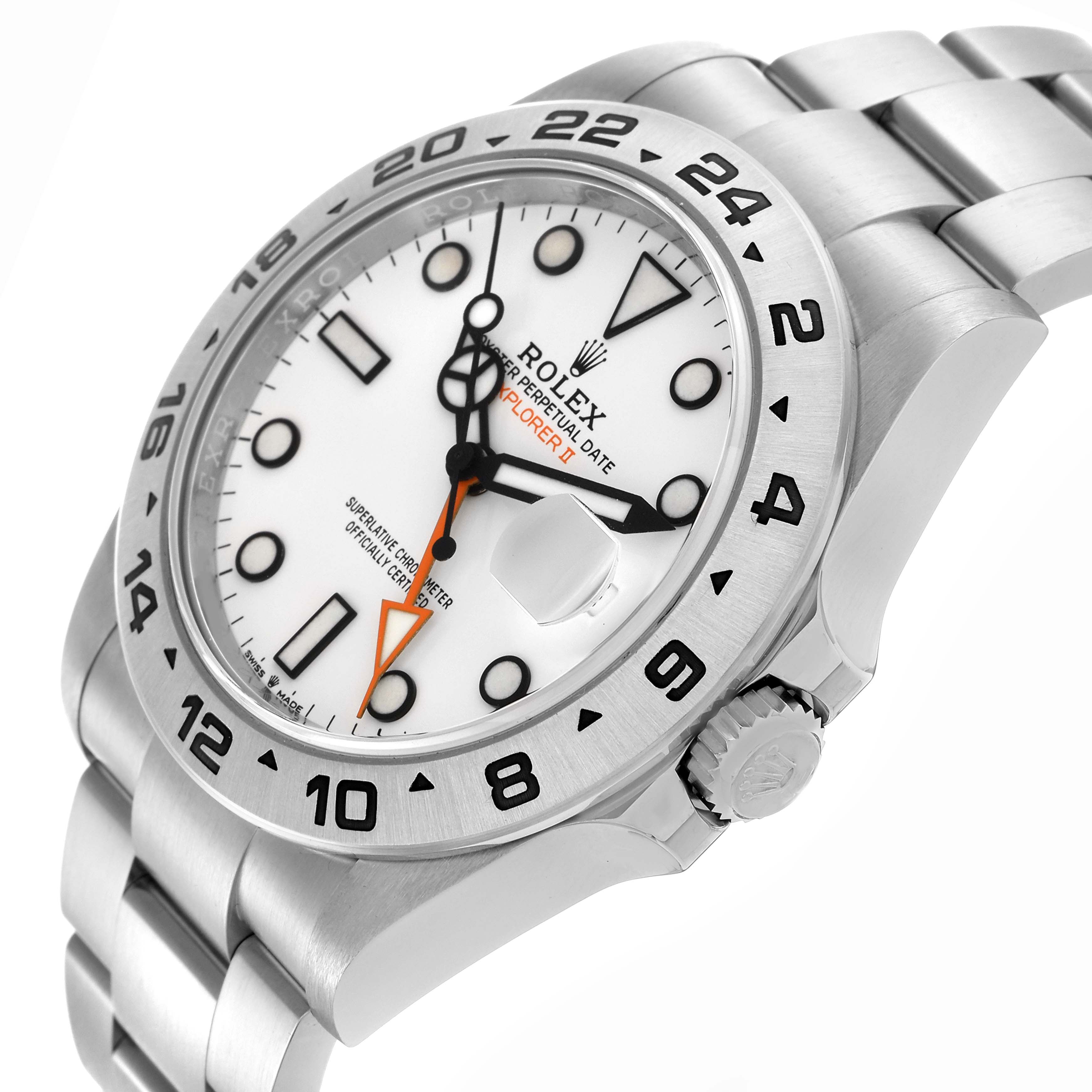 The Rolex Explorer 226570 Men
s Stainless Steel White Dial 226570 Men
s Stainless Steel White Dial model is shown at a tilted angle, highlighting the face, bezel, and part of the bracelet.