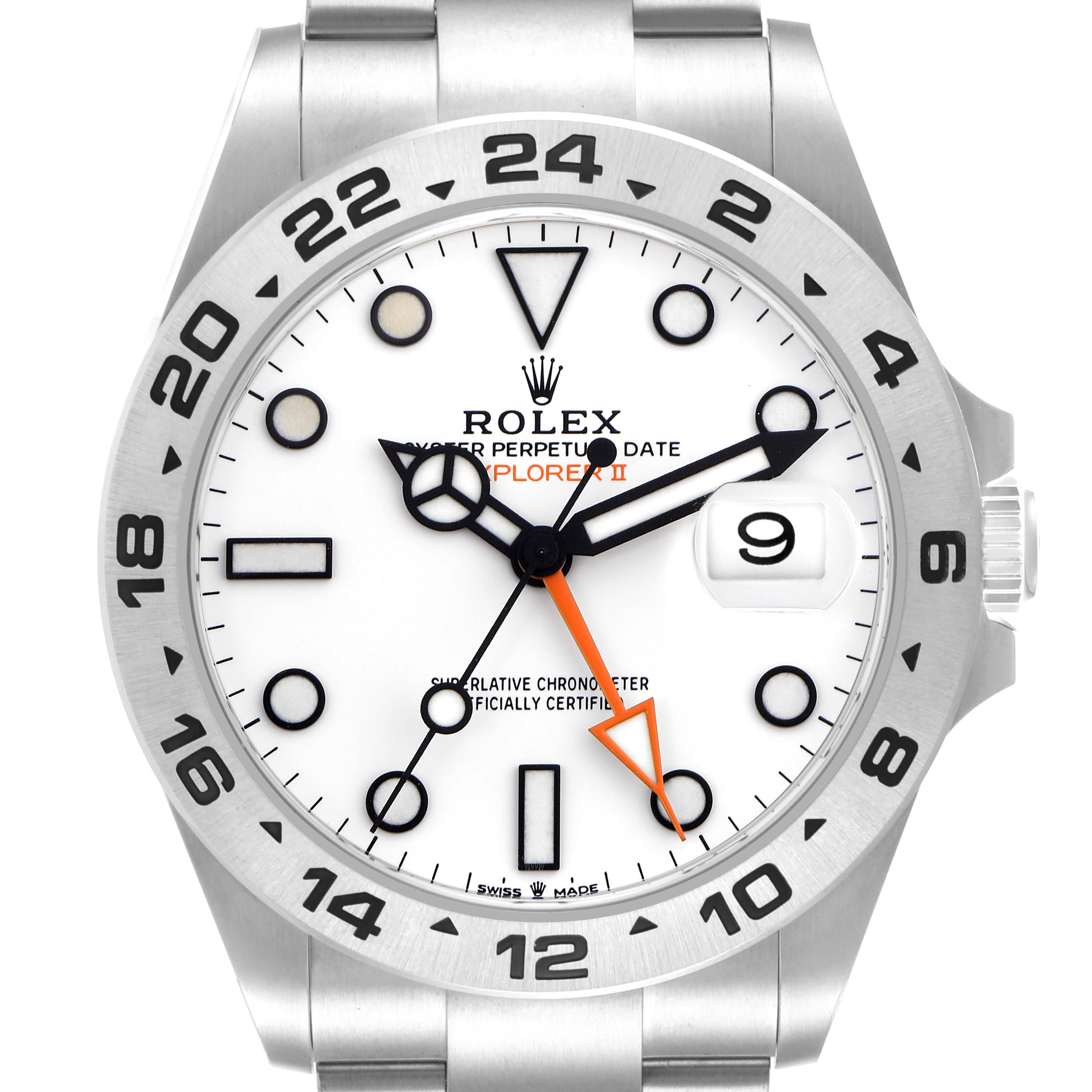 The Rolex Explorer 226570 Men
s Stainless Steel White Dial 226570 Men
s Stainless Steel White Dial model is shown from a front angle, displaying the dial, bezel, and part of the bracelet with a visible date indicator.