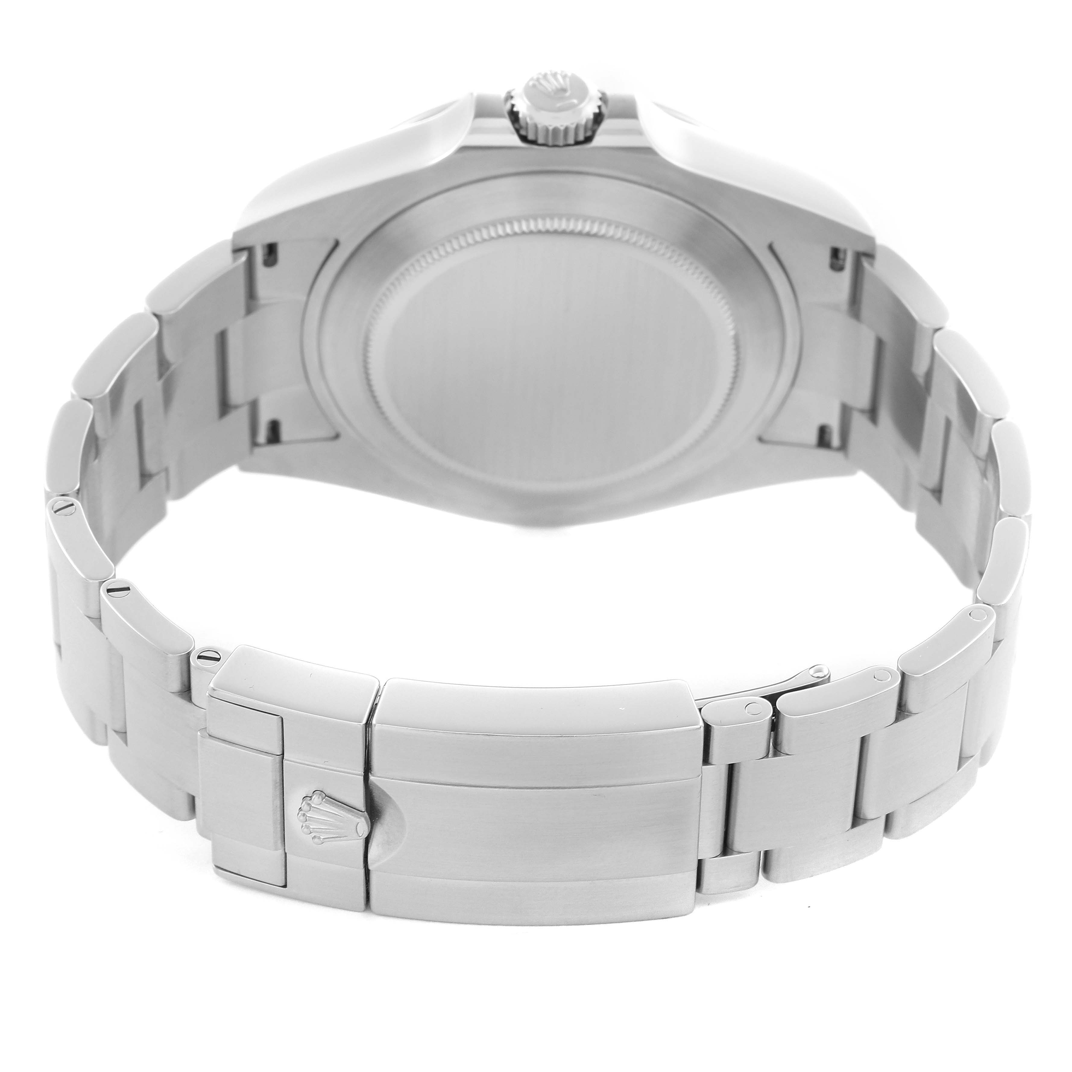 The image shows the back of a Rolex Explorer 226570 Men
s Stainless Steel White Dial 226570 Men
s Stainless Steel White Dial watch, including the case back, crown, and metal bracelet clasp.
