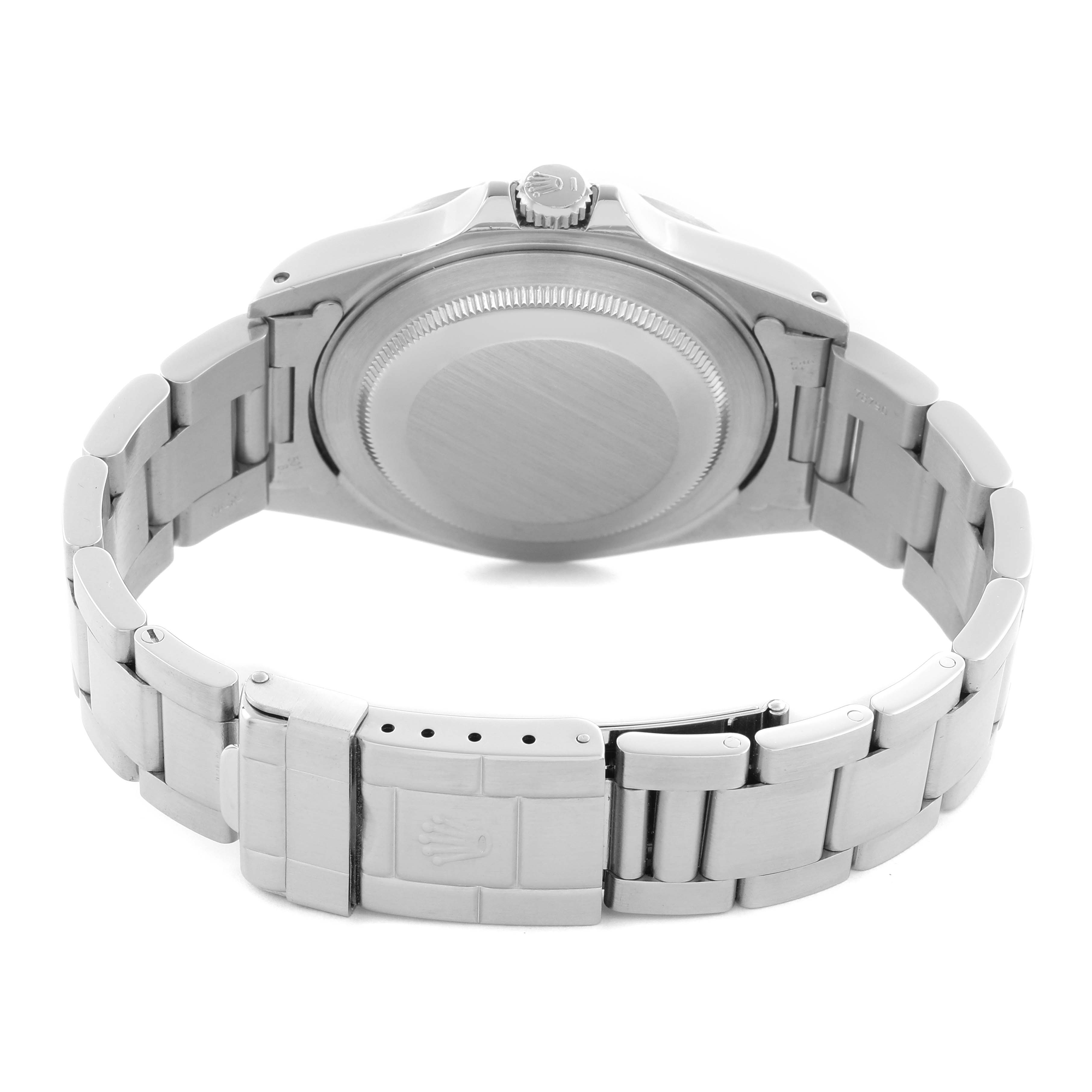 The image shows the back of a Rolex Explorer 16570 Men
s Stainless Steel White Dial 16570 Men
s Stainless Steel White Dial watch, highlighting the case back, bracelet, and clasp.