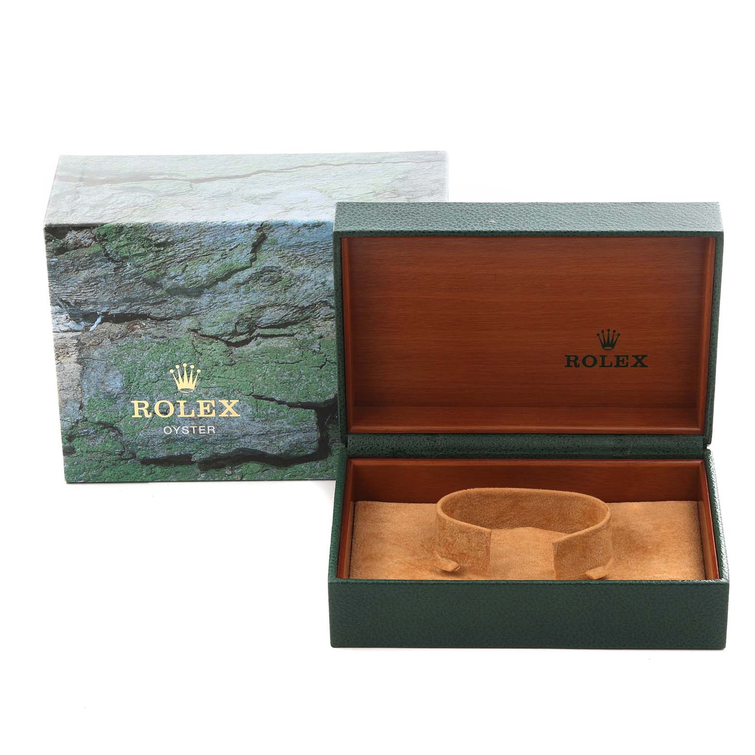 The image shows an open Rolex Explorer 16570 Men
s Stainless Steel White Dial 16570 Men
s Stainless Steel White Dial watch box and its outer box with "ROLEX" branding.