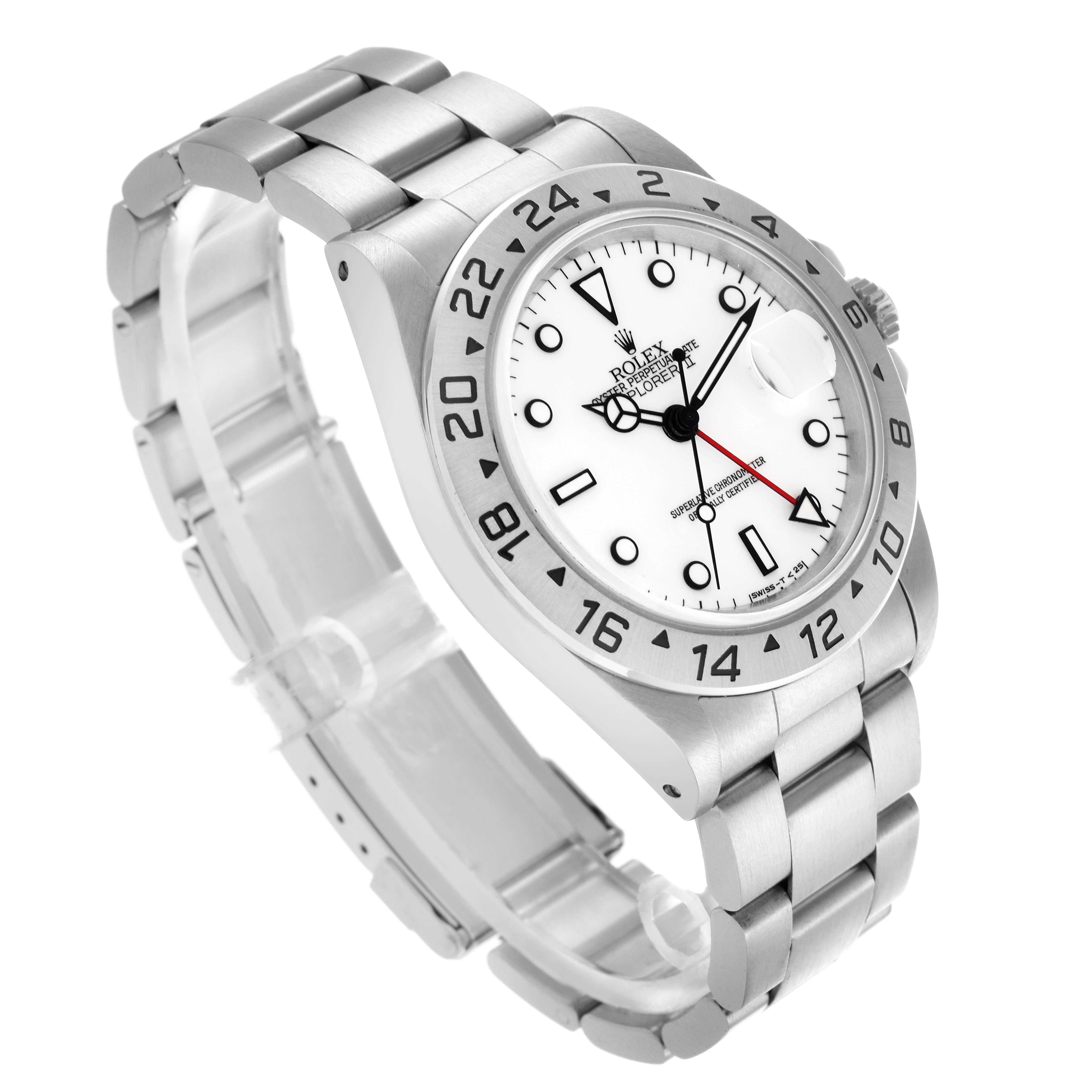 The Rolex Explorer 16570 Men
s Stainless Steel White Dial 16570 Men
s Stainless Steel White Dial watch is shown at a three-quarter angle, displaying the face, bezel, crown, and bracelet.