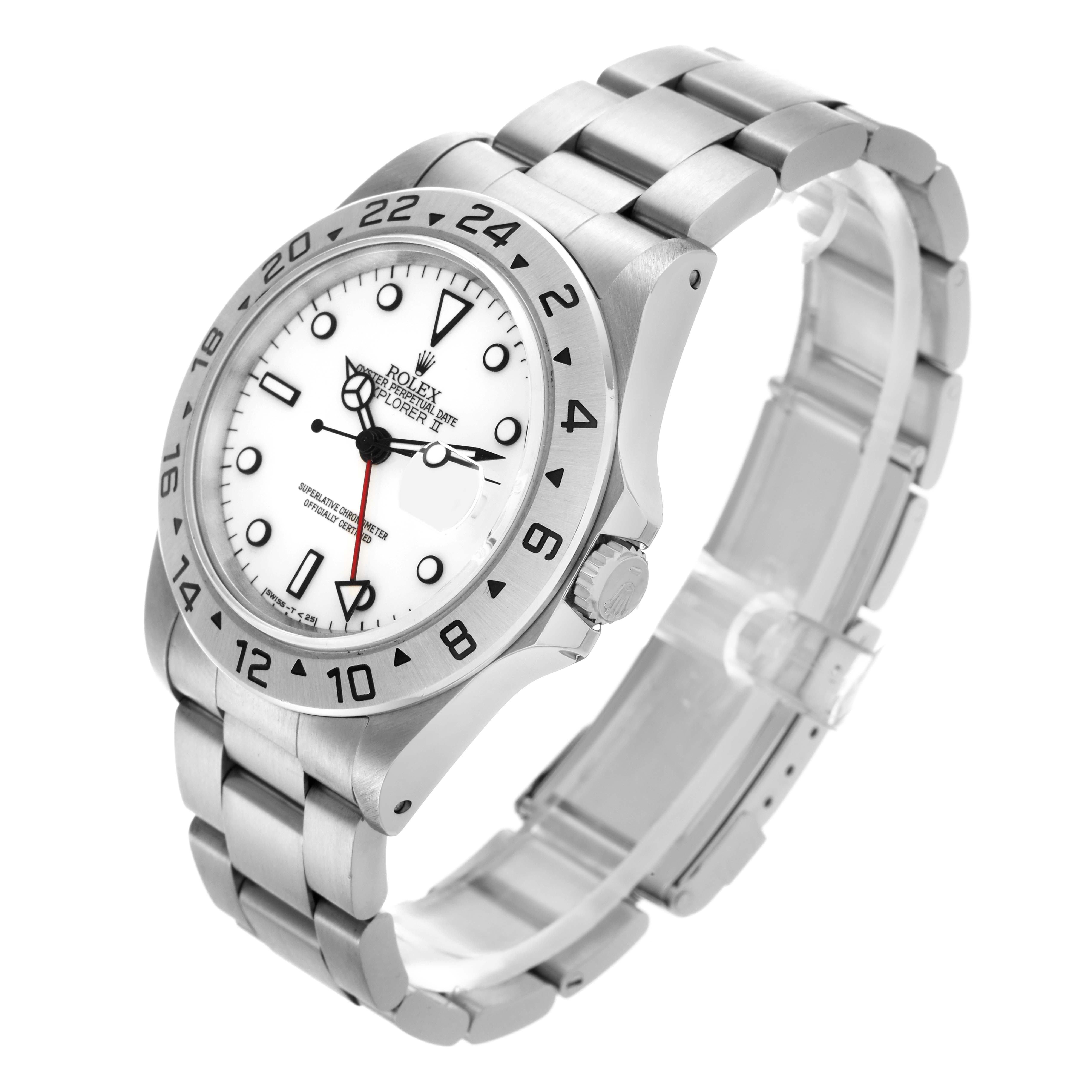 The Rolex Explorer 16570 Men
s Stainless Steel White Dial 16570 Men
s Stainless Steel White Dial watch is shown at a three-quarter angle, highlighting the face, bezel, and bracelet.
