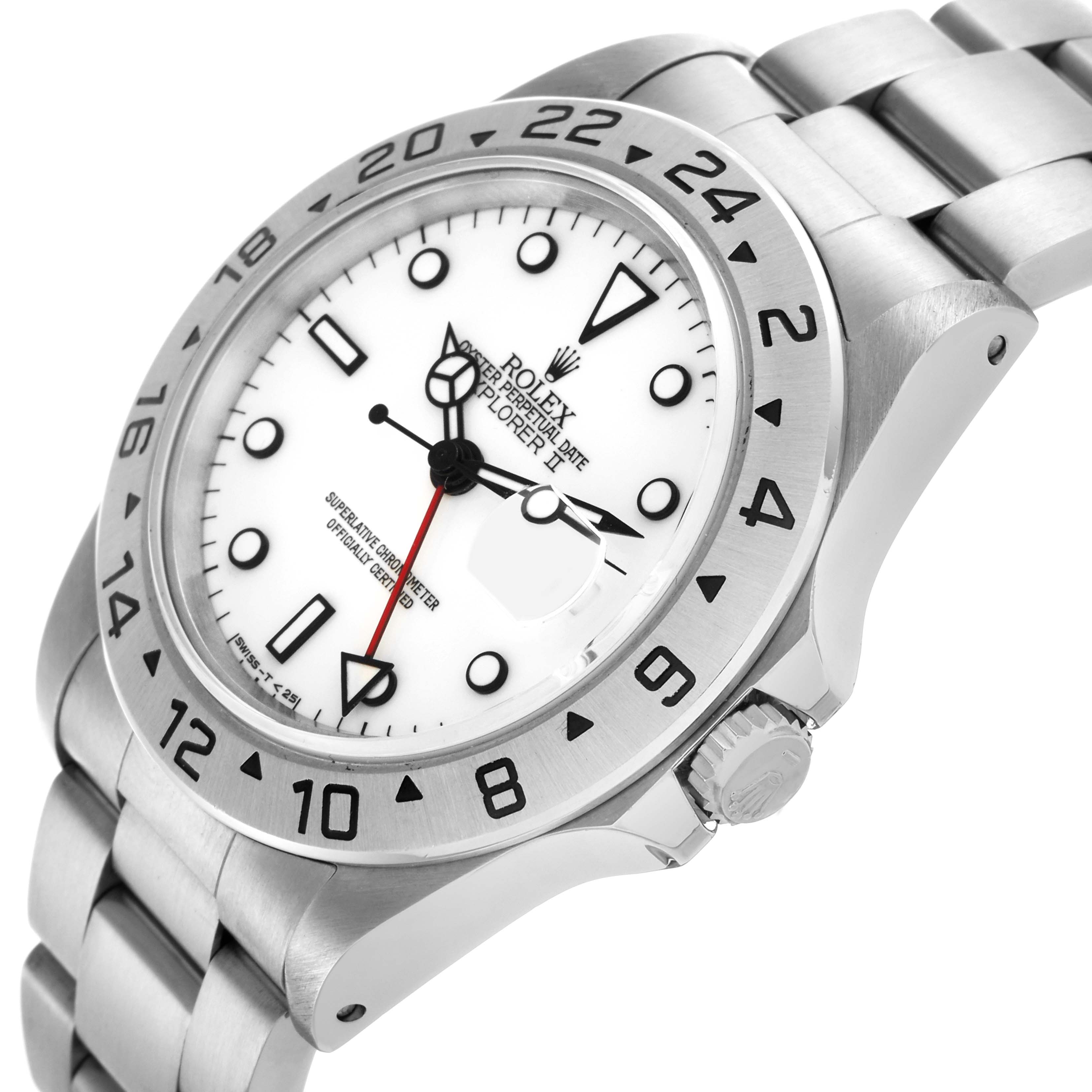 The Rolex Explorer 16570 Men
s Stainless Steel White Dial 16570 Men
s Stainless Steel White Dial watch is shown at a slight angle, featuring its face, bezel, and part of the bracelet.