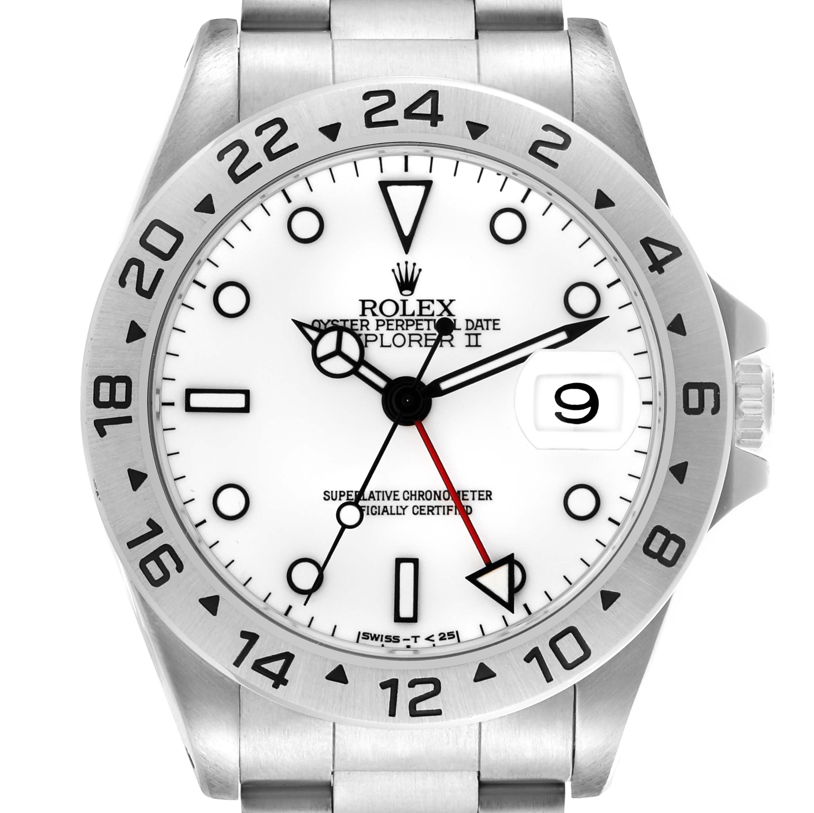 The Rolex Explorer 16570 Men
s Stainless Steel White Dial 16570 Men
s Stainless Steel White Dial watch is shown from a front angle, displaying its dial, bezel, and bracelet.