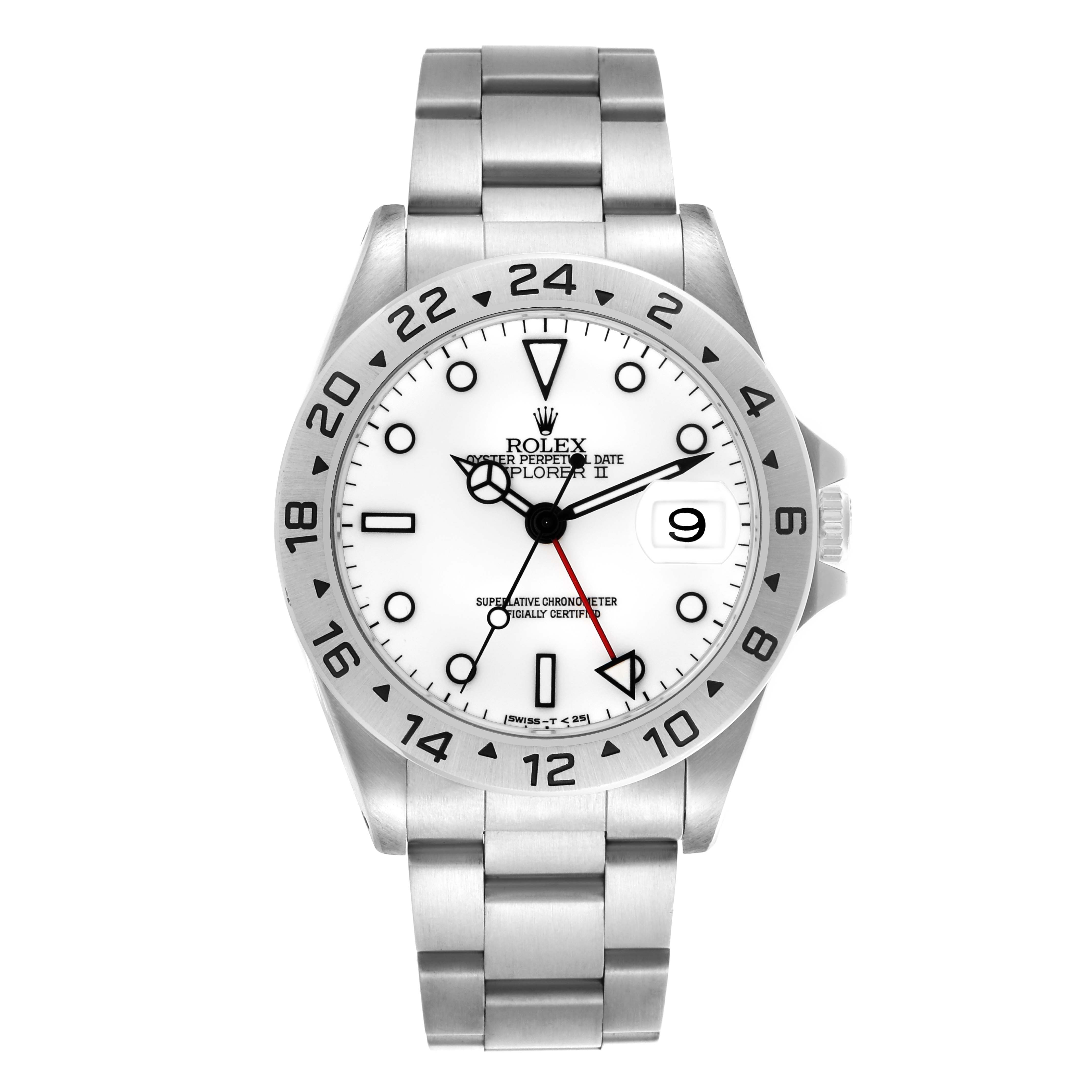 The Rolex Explorer 16570 Men
s Stainless Steel White Dial 16570 Men
s Stainless Steel White Dial watch is shown from the front, displaying its dial, hour markers, hands, bezel, and bracelet.