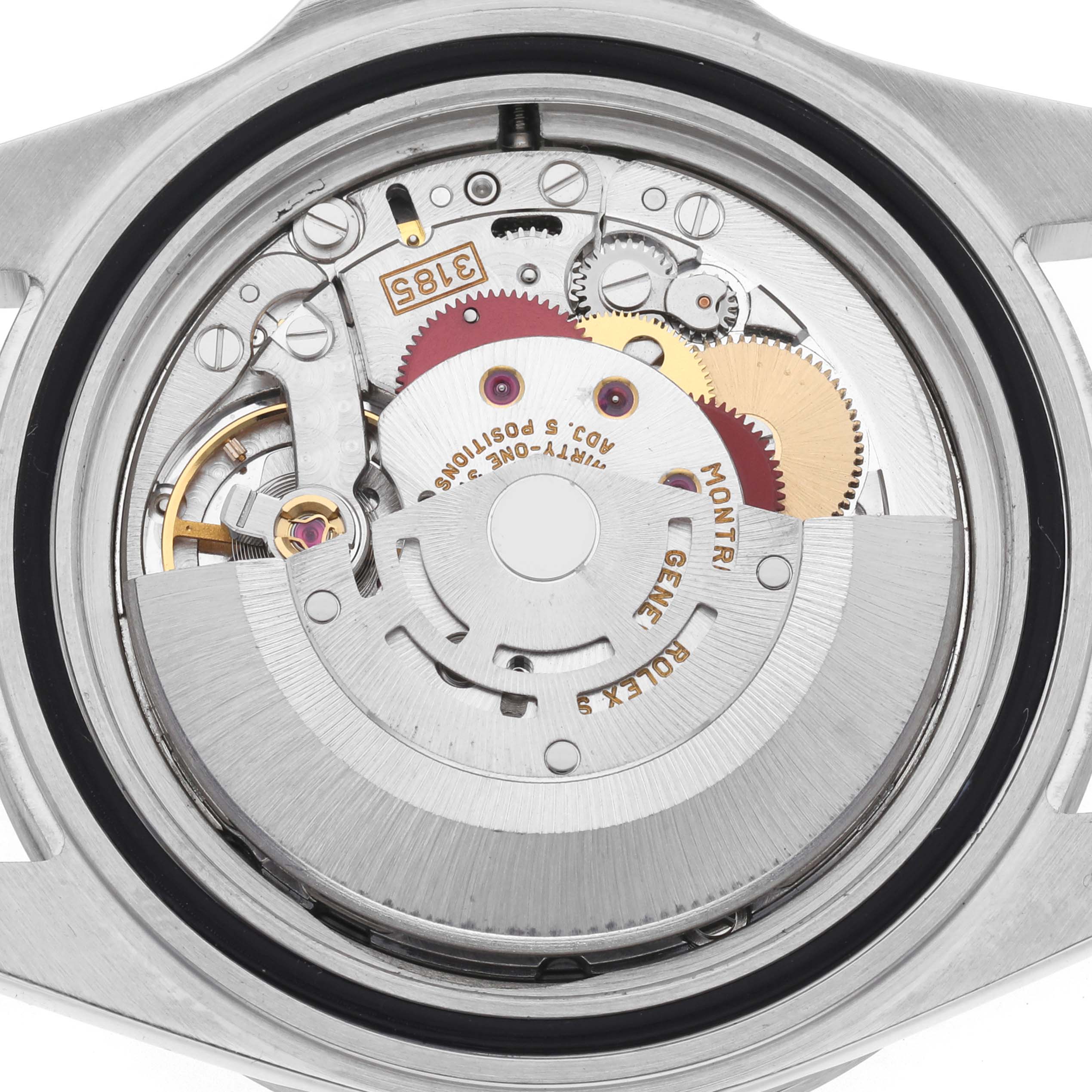 The image shows the back view of a Rolex Explorer 16570 Men
s Stainless Steel White Dial 16570 Men
s Stainless Steel White Dial, highlighting the internal movement and gears.