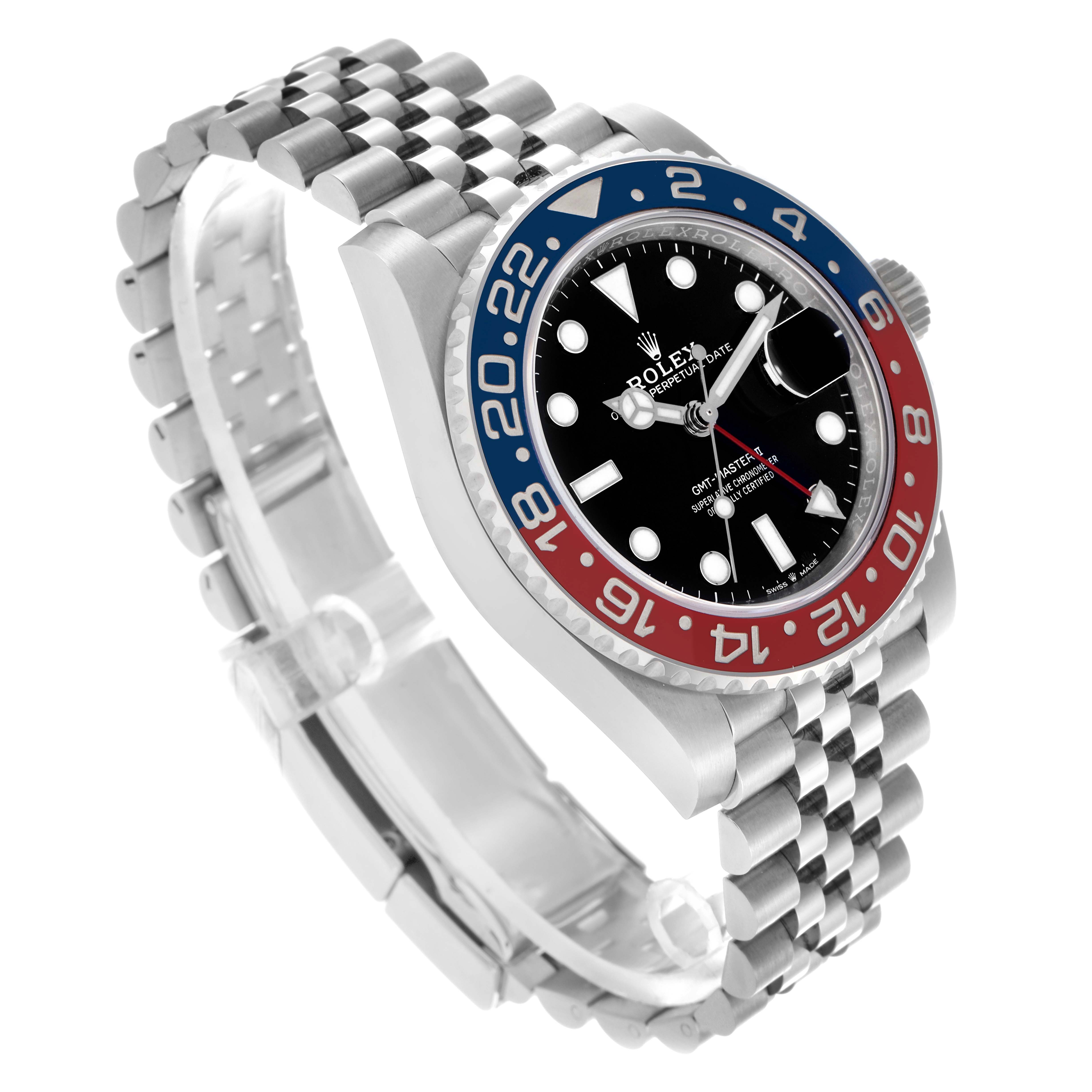 The Rolex GMT-Master 126710BLRO Men
s Stainless Steel Black Dial 126710BLRO Men
s Stainless Steel Black Dial watch is shown from a front angle, highlighting its bezel, dial, and Jubilee bracelet.