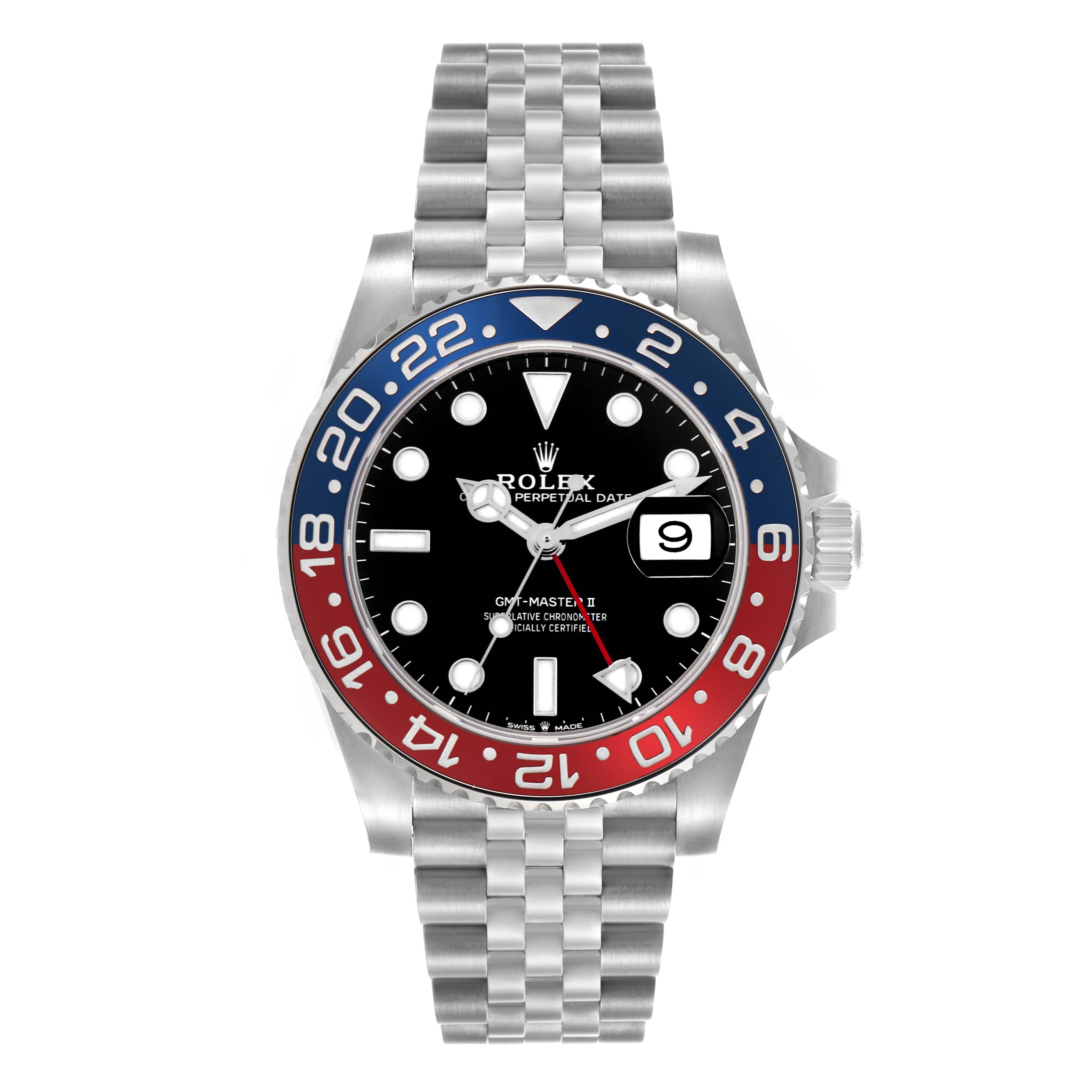The Rolex GMT-Master 126710BLRO Men
s Stainless Steel Black Dial 126710BLRO Men
s Stainless Steel Black Dial model is shown from the front, displaying its bezel, dial, hands, bracelet, and date magnifier.