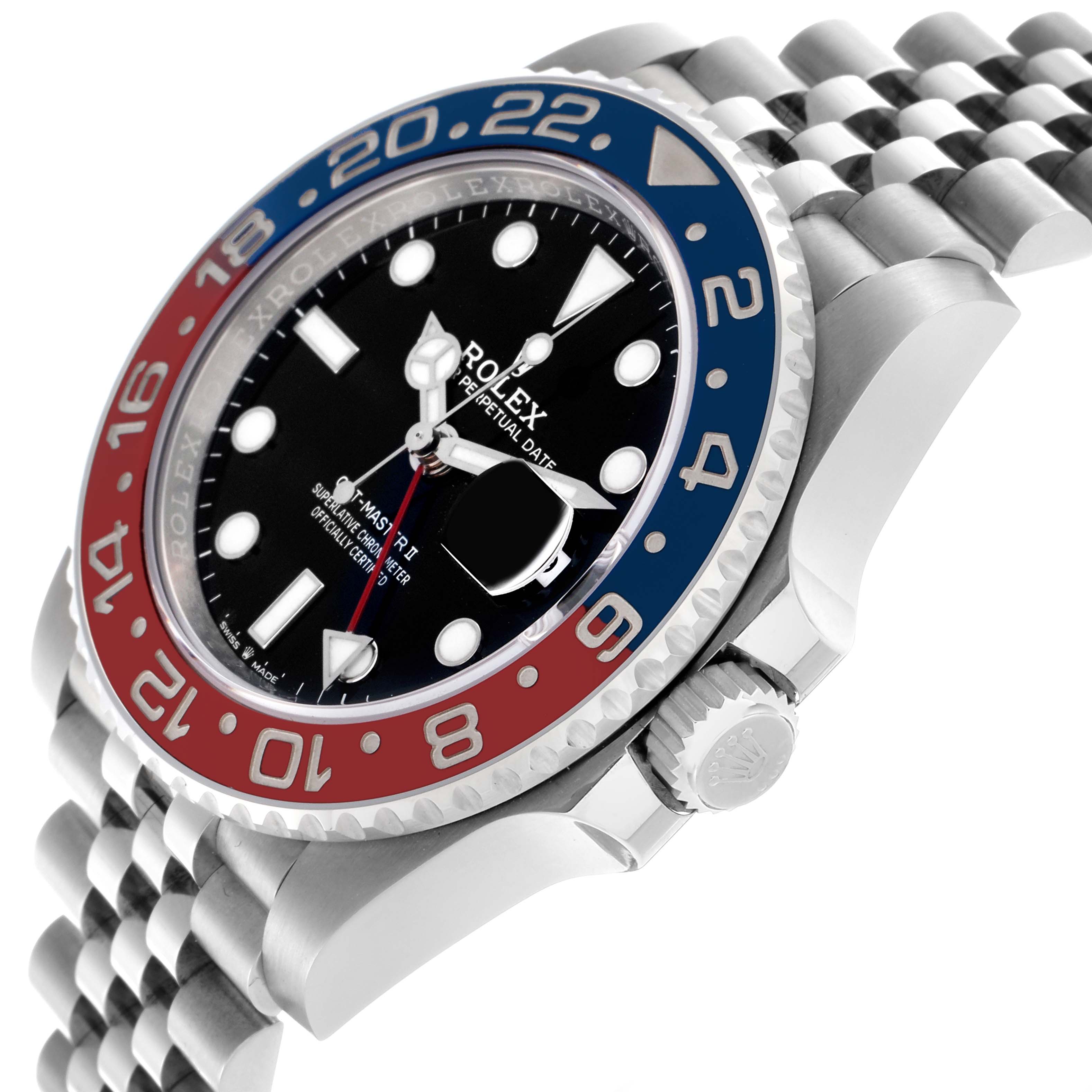 The Rolex GMT-Master 126710BLRO Men
s Stainless Steel Black Dial 126710BLRO Men
s Stainless Steel Black Dial is shown at a tilted angle highlighting the bezel, crown, and part of the bracelet.