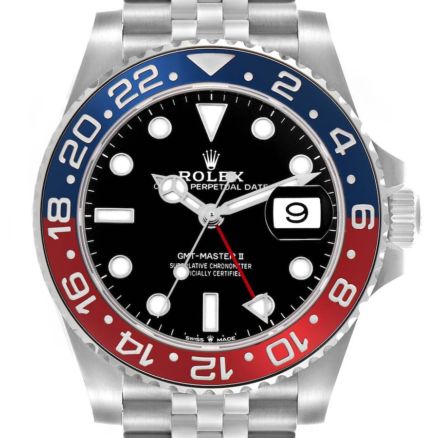 The Rolex GMT-Master watch is shown from the front, highlighting the dial, bezel, hands, and bracelet.