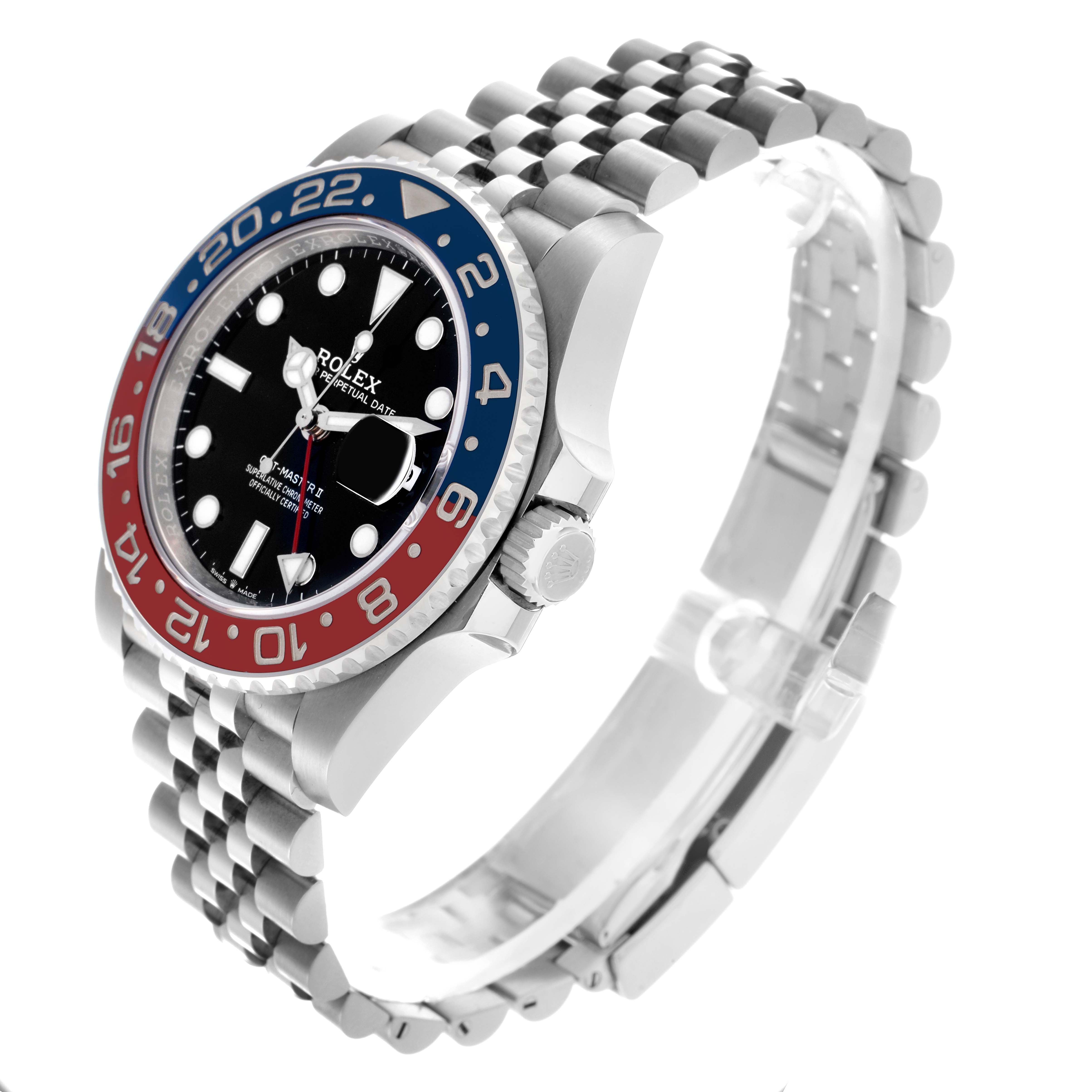 The Rolex GMT-Master 126710BLRO Men
s Stainless Steel Black Dial 126710BLRO Men
s Stainless Steel Black Dial is shown at a three-quarter angle, highlighting its bezel, crown, dial, and Jubilee bracelet.