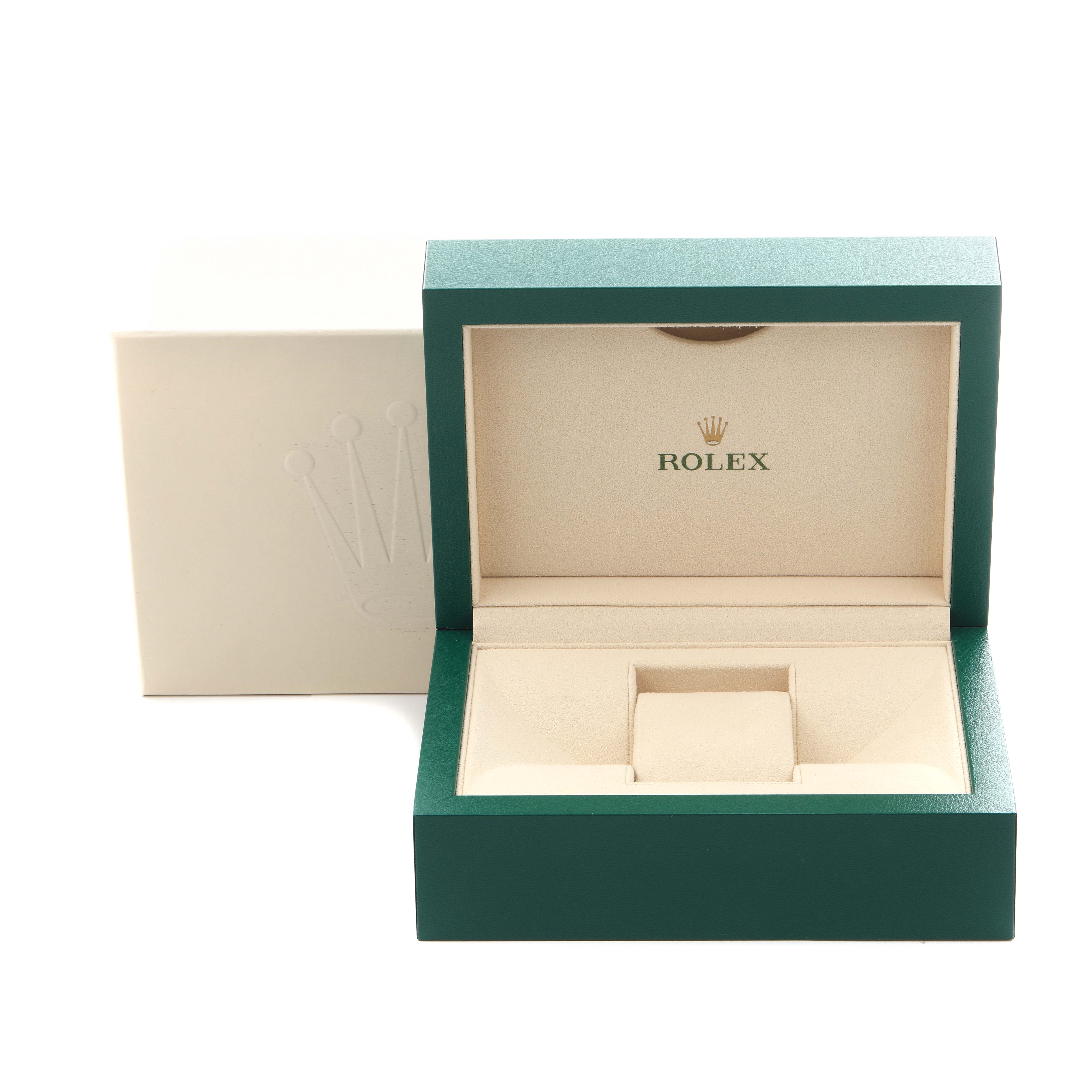 The image shows an open Rolex GMT-Master 126710BLRO Men
s Stainless Steel Black Dial 126710BLRO Men
s Stainless Steel Black Dial watch box, viewed from the front, with the interior and cushion clearly visible.