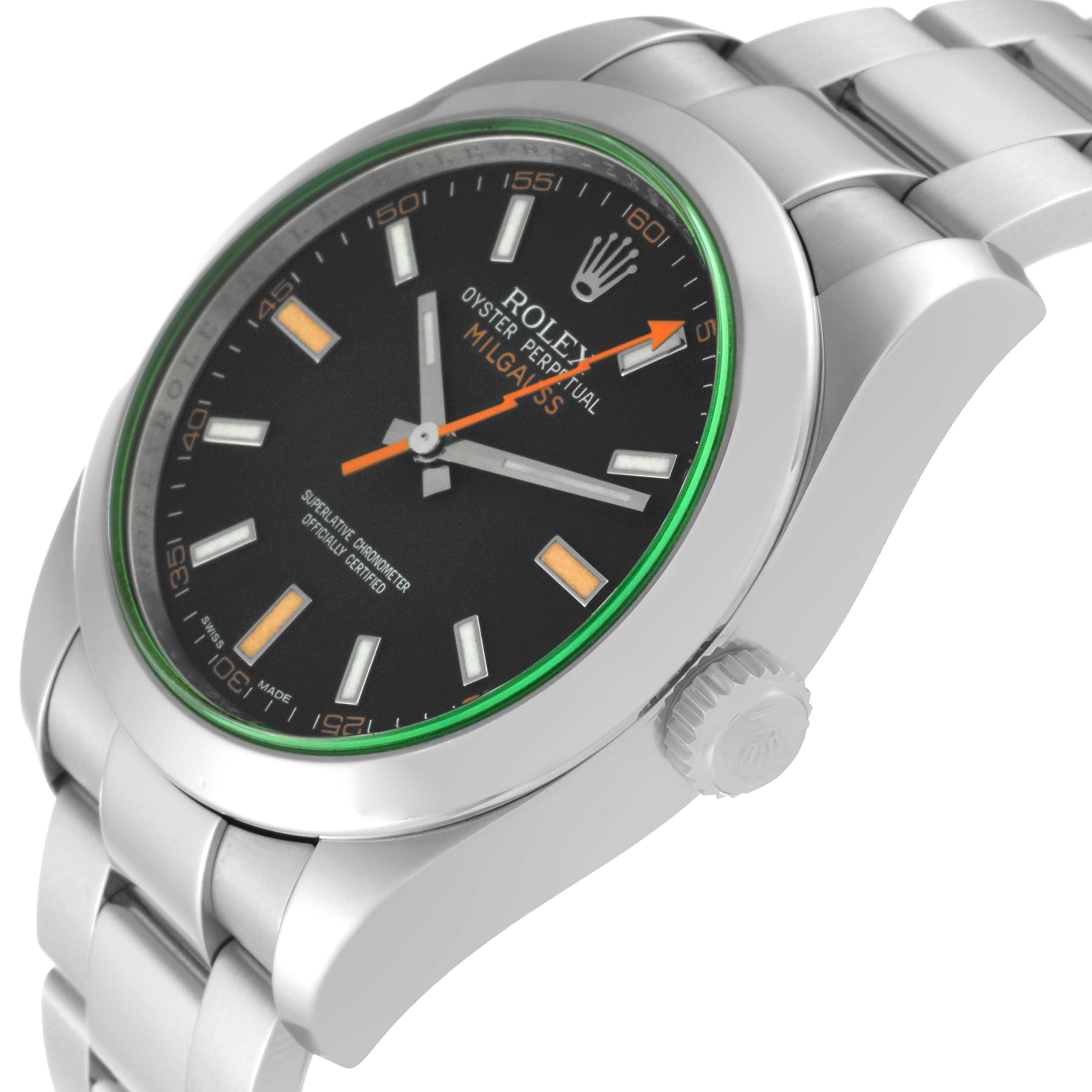 The image shows a close-up angle of the Rolex Milgauss 116400GV Men's Stainless Steel Black Dial 116400GV Men's Stainless Steel Black Dial watch, highlighting the dial, bezel, and part of the bracelet and crown.