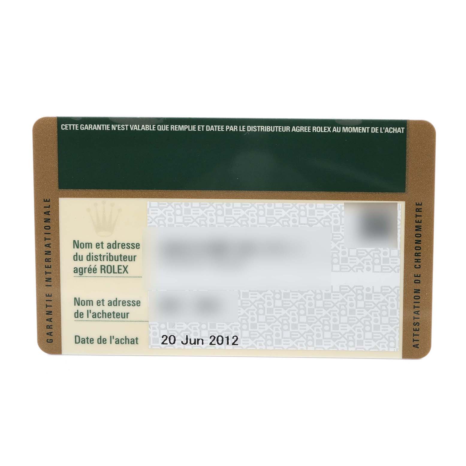 This image shows the international guarantee card for the Rolex Milgauss 116400GV Men's Stainless Steel Black Dial 116400GV Men's Stainless Steel Black Dial, including purchase date and distributor details.