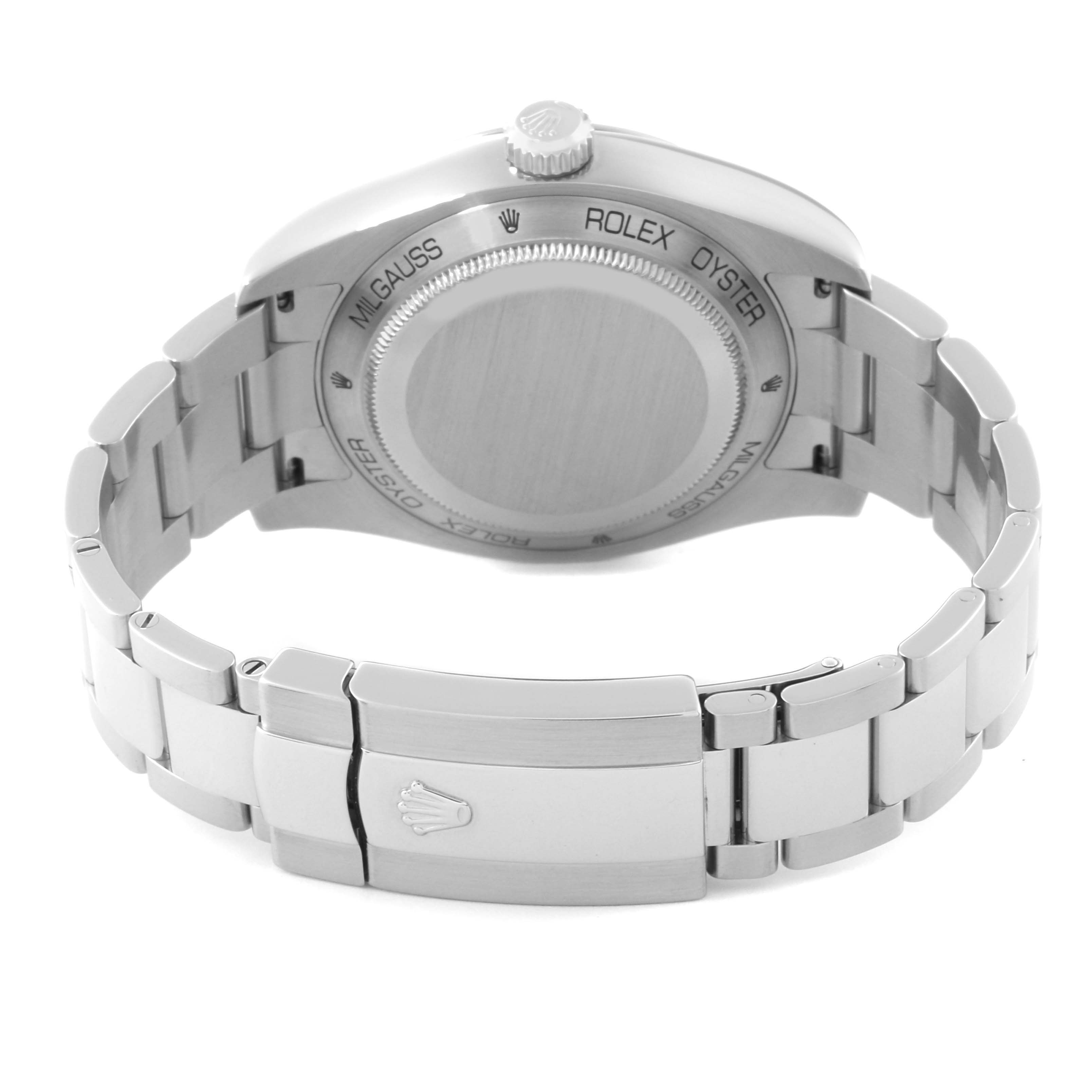 The image shows the back of a Rolex Milgauss 116400GV Men's Stainless Steel Black Dial 116400GV Men's Stainless Steel Black Dial watch, including the case back, bracelet, and clasp.