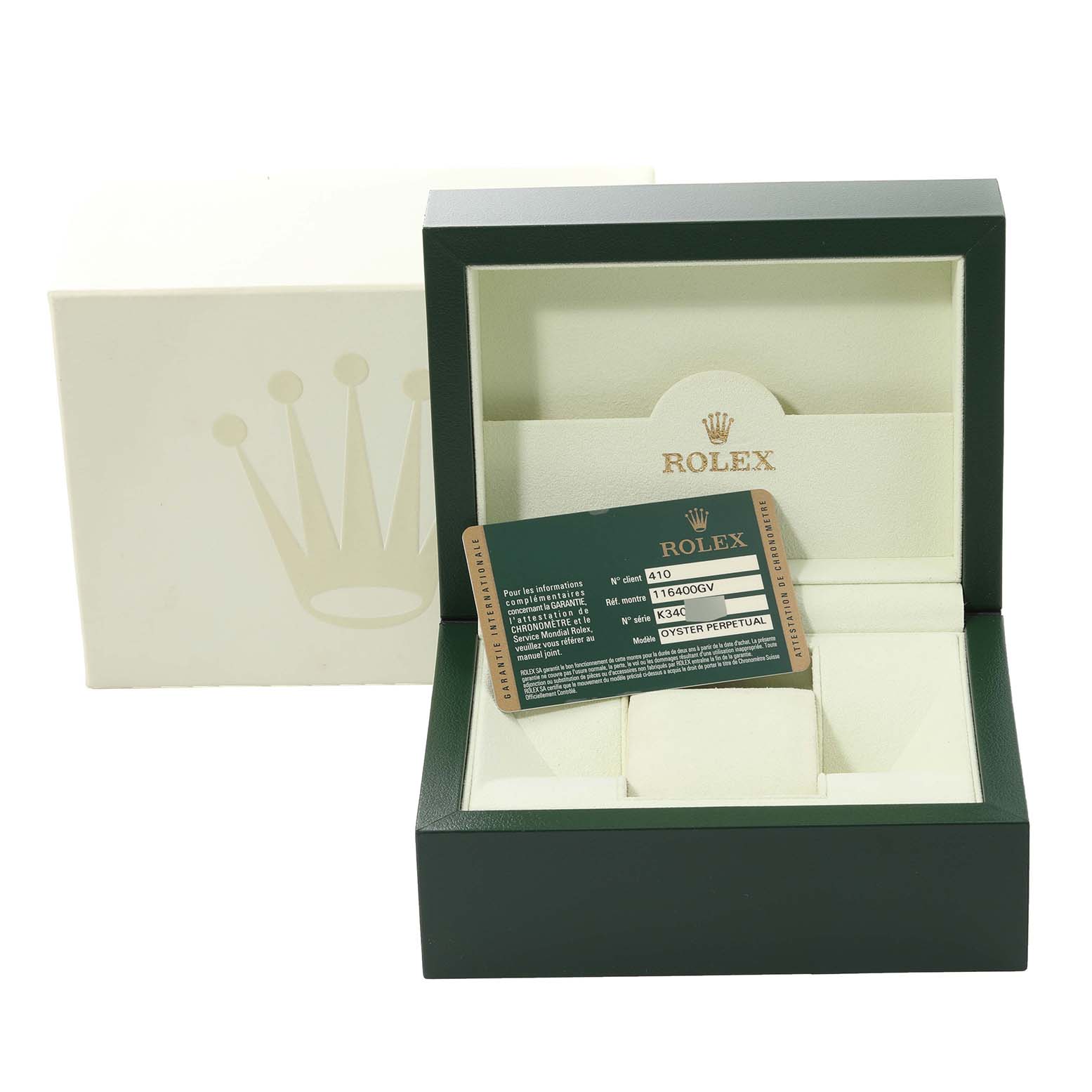The image shows a Rolex Milgauss 116400GV Men's Stainless Steel Black Dial 116400GV Men's Stainless Steel Black Dial model watch box opened, displaying the certification card inside.