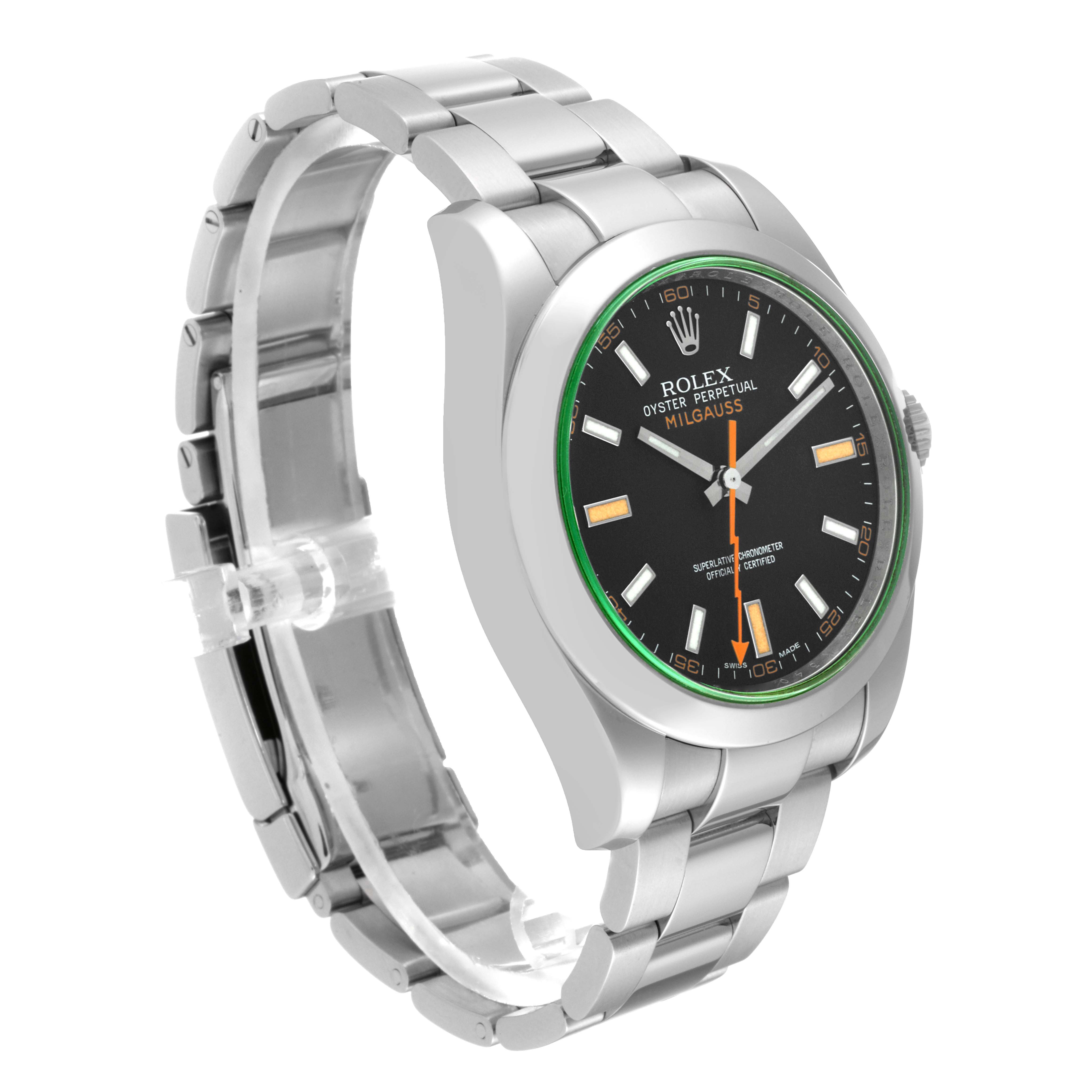 This image shows a side-angle view of a Rolex Milgauss 116400GV Men's Stainless Steel Black Dial 116400GV Men's Stainless Steel Black Dial watch, highlighting the bracelet, case, and face.